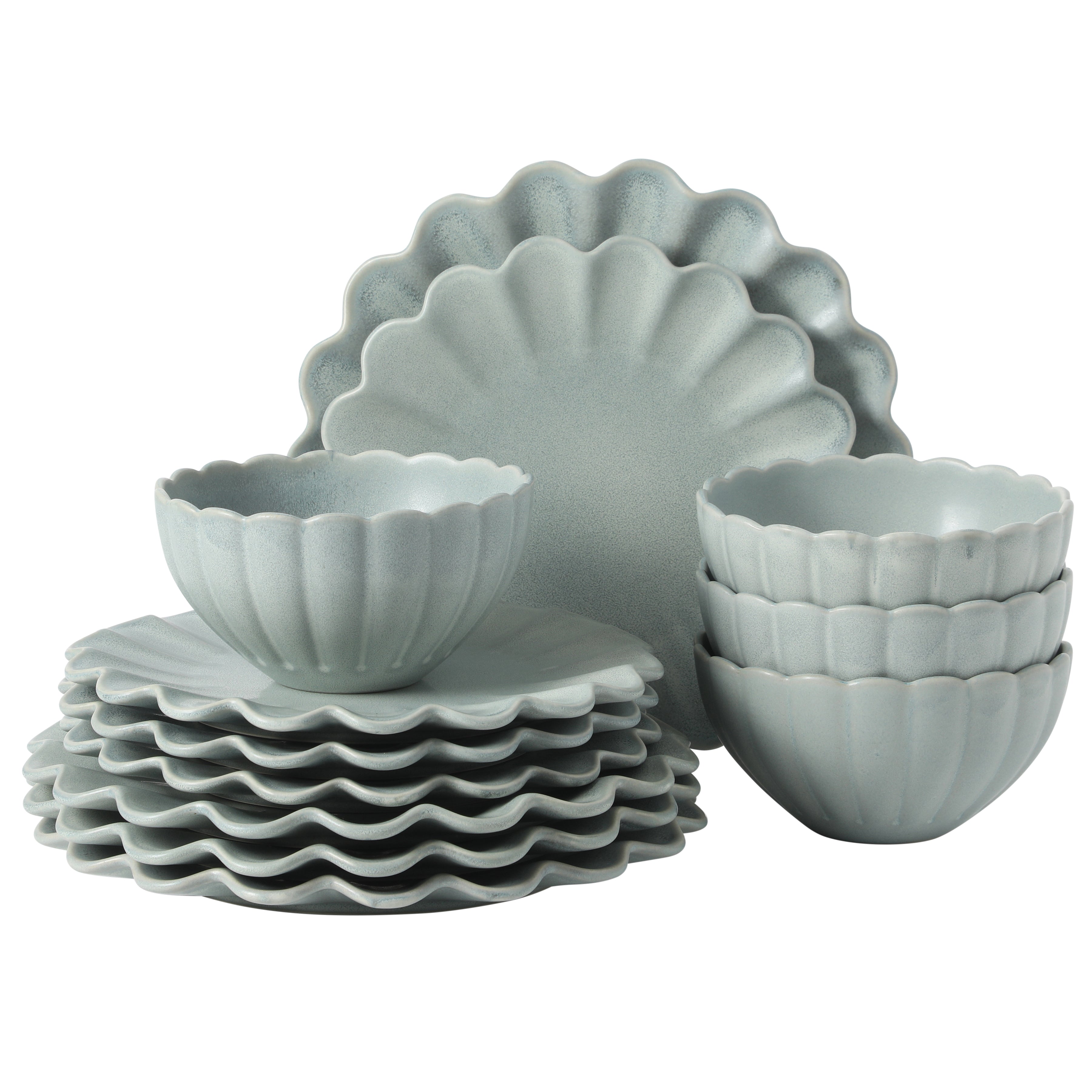Gibson Elite Plates and Bowls Sets, 12-Piece Stoneware Dinnerware Set for 4, Scalloped Dish Set with Dinner Plates, Salad Plates & Bowls