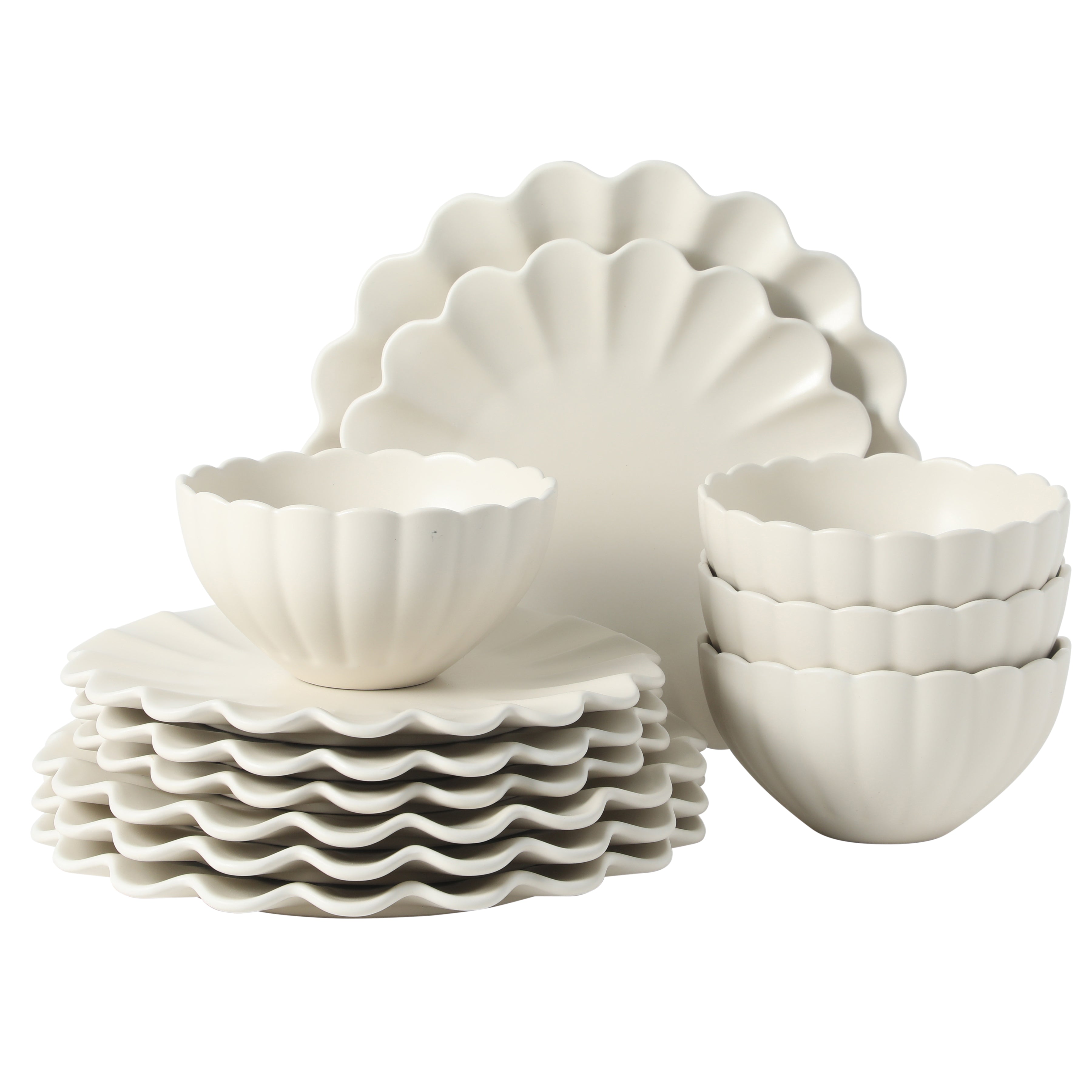Gibson Elite Plates and Bowls Sets, 12-Piece Stoneware Dinnerware Set for 4, Scalloped Dish Set with Dinner Plates, Salad Plates & Bowls