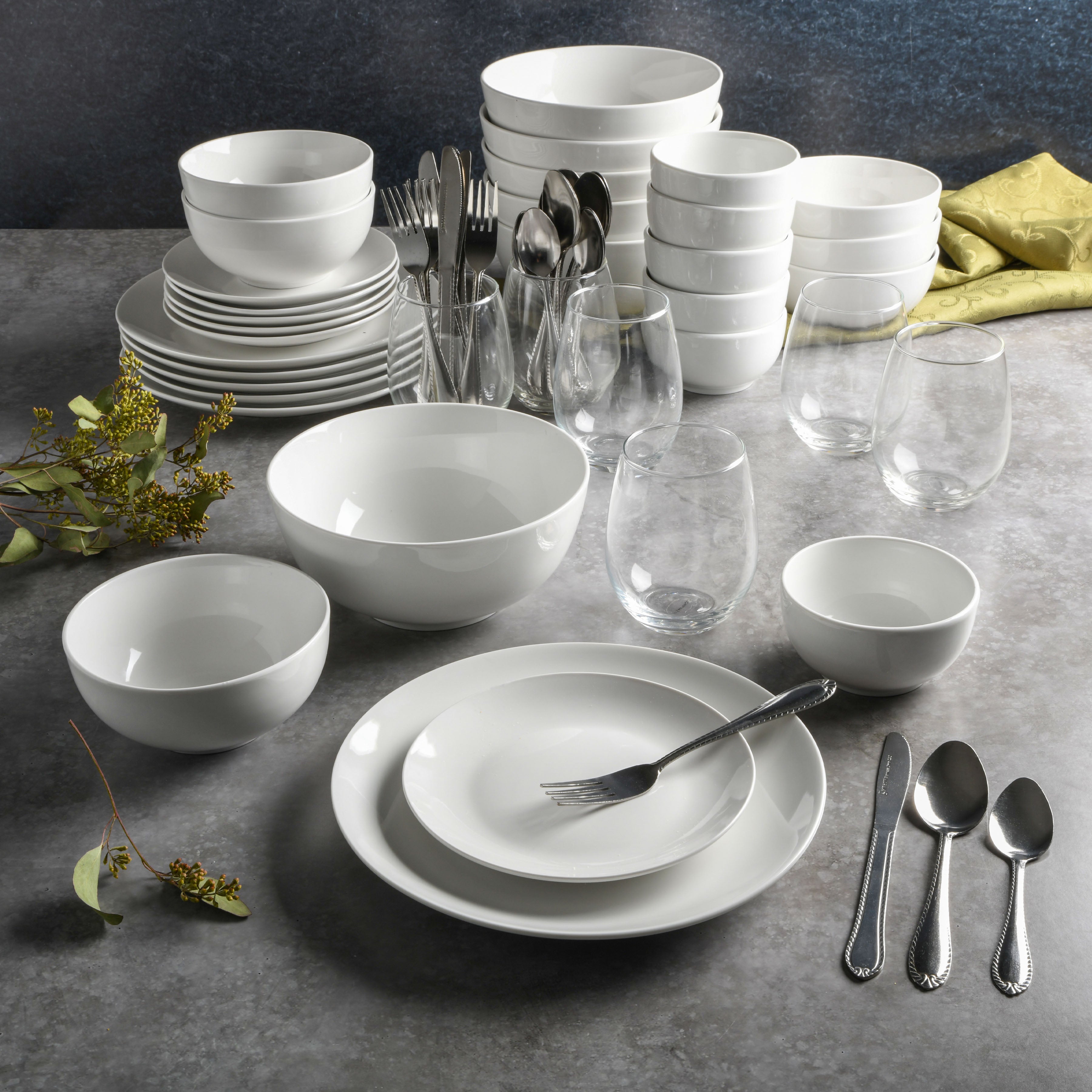 Gibson Home All U Need 60 Piece Plates, Bowls, Glassware, Forks, Spoons, and Knives (Service for 6) Dinnerware Set