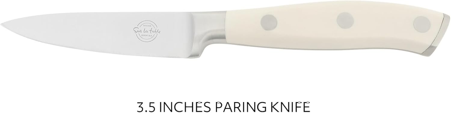 Sur La Table Kitchen Essentials Tasting Kitchen German Steel Paring Knife, 3.5-Inch Stainless Steel Blade – Professional Kitchen Knife with White Handle and Forged Full Tang