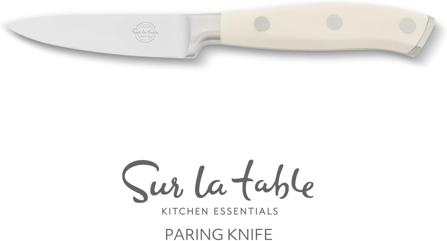 Sur La Table Kitchen Essentials Tasting Kitchen German Steel Paring Knife, 3.5-Inch Stainless Steel Blade – Professional Kitchen Knife with White Handle and Forged Full Tang