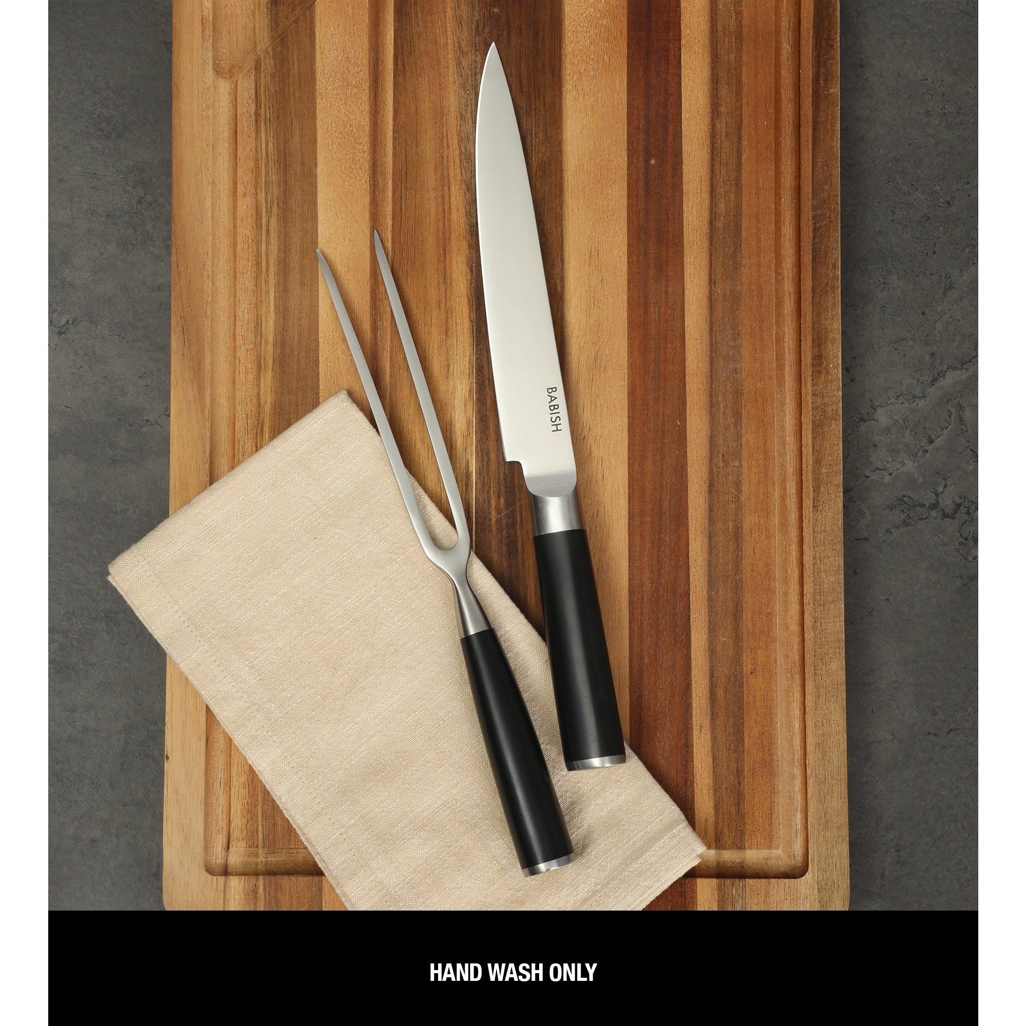 Babish 2-Piece Carving Knife and Fork Set – 8-Inch Stainless Steel Carving Knife with 6.5-Inch Fork – Precision Cutlery for Turkey, Roast, and Meat Carving – Ergonomic ABS Handles