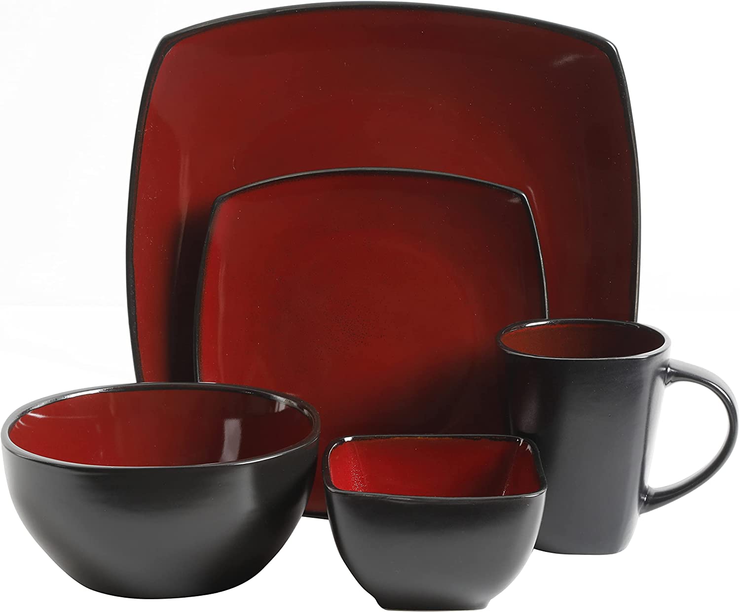 Black Dinnerware Set For 4 Modern Stoneware Dishes Plates Bowls Red 12  Piece New