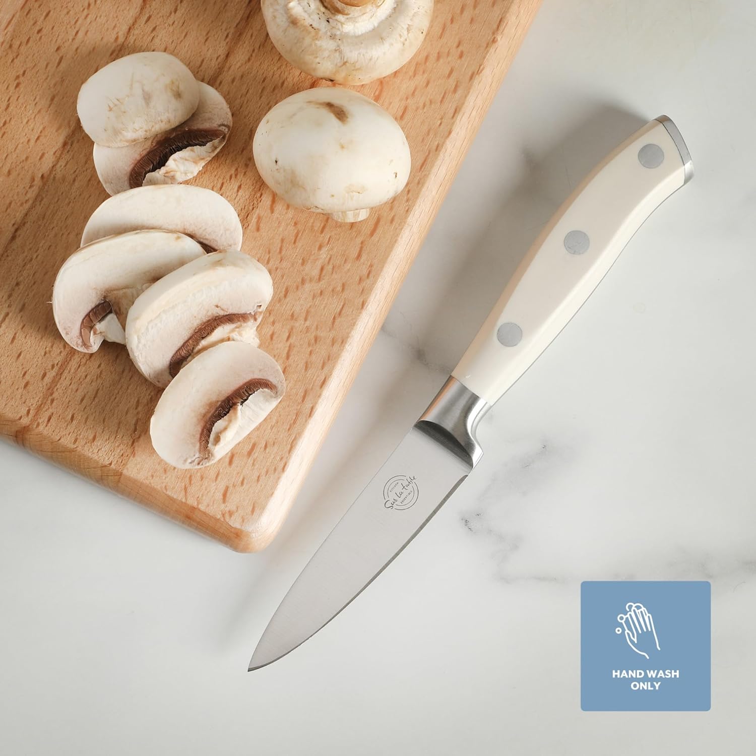 Sur La Table Kitchen Essentials Tasting Kitchen German Steel Paring Knife, 3.5-Inch Stainless Steel Blade – Professional Kitchen Knife with White Handle and Forged Full Tang