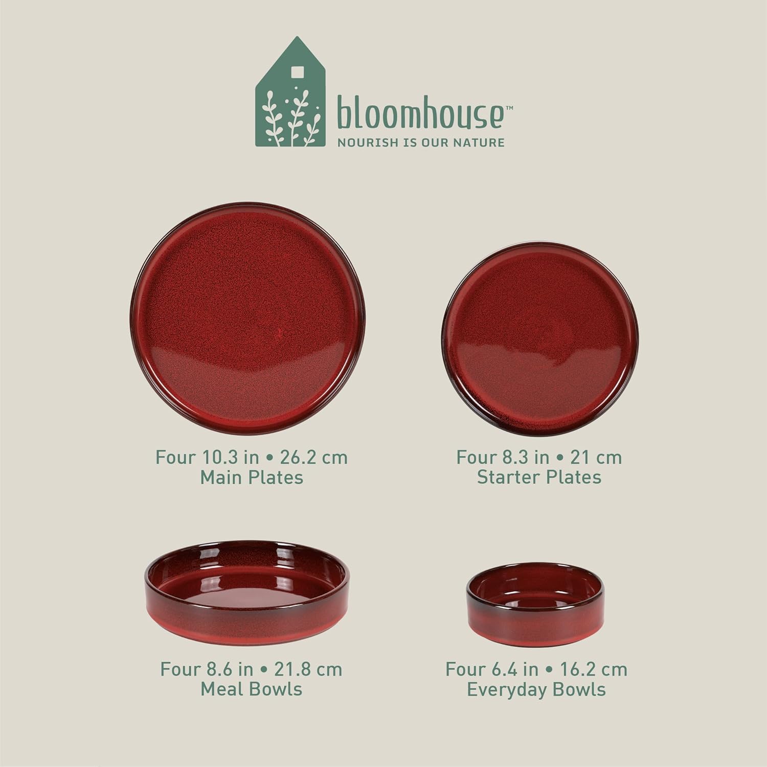 Bloomhouse Santorini Mist 16 Piece Double Bowl Terracotta Reactive Glaze Plates and Bowls Dinnerware Set - Moonstone White, Amber, Garnet Red, or Jade