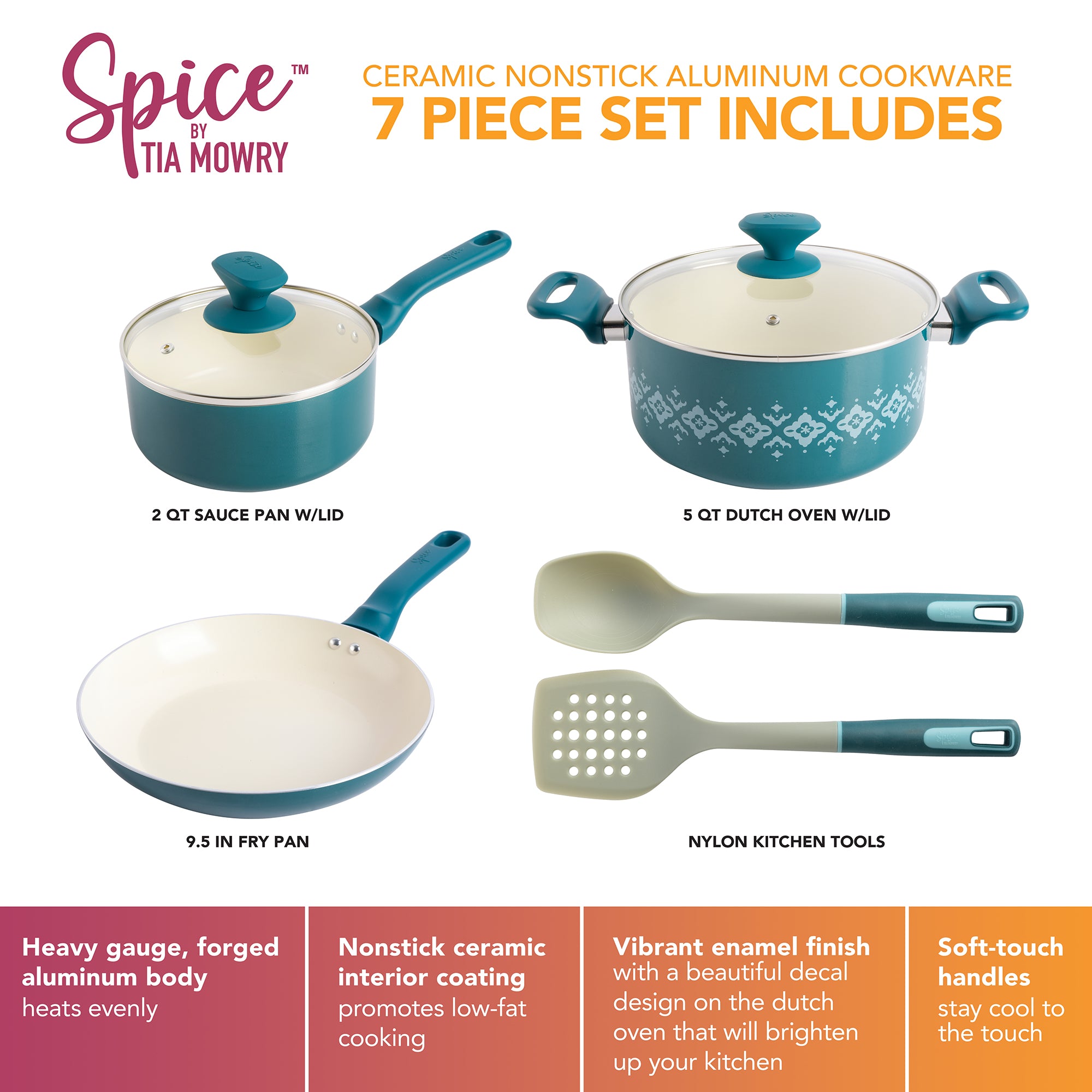 Spice by Tia Mowry Savory Saffron 7-Piece Aluminum Cookware Set w/ Healthy Non-Stick Ceramic Interior