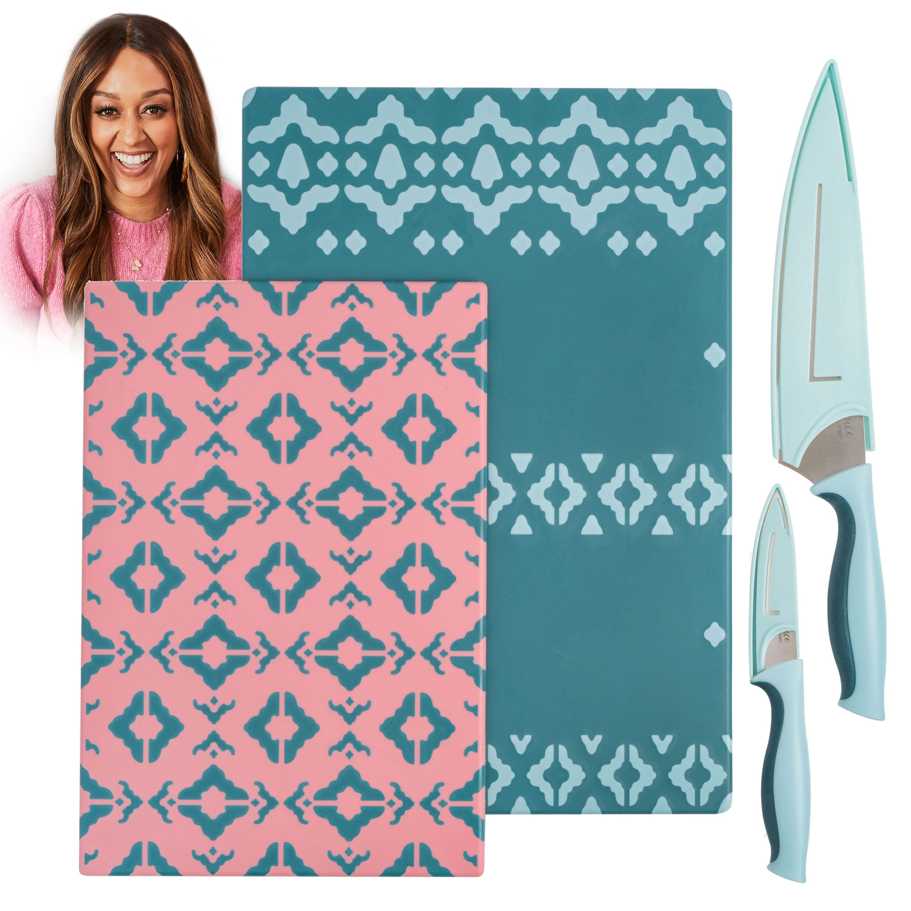 Spice by Tia Mowry 6-Piece Cutlery Set w/ Cutting Board, Stainless Steel Knives and Sheaths