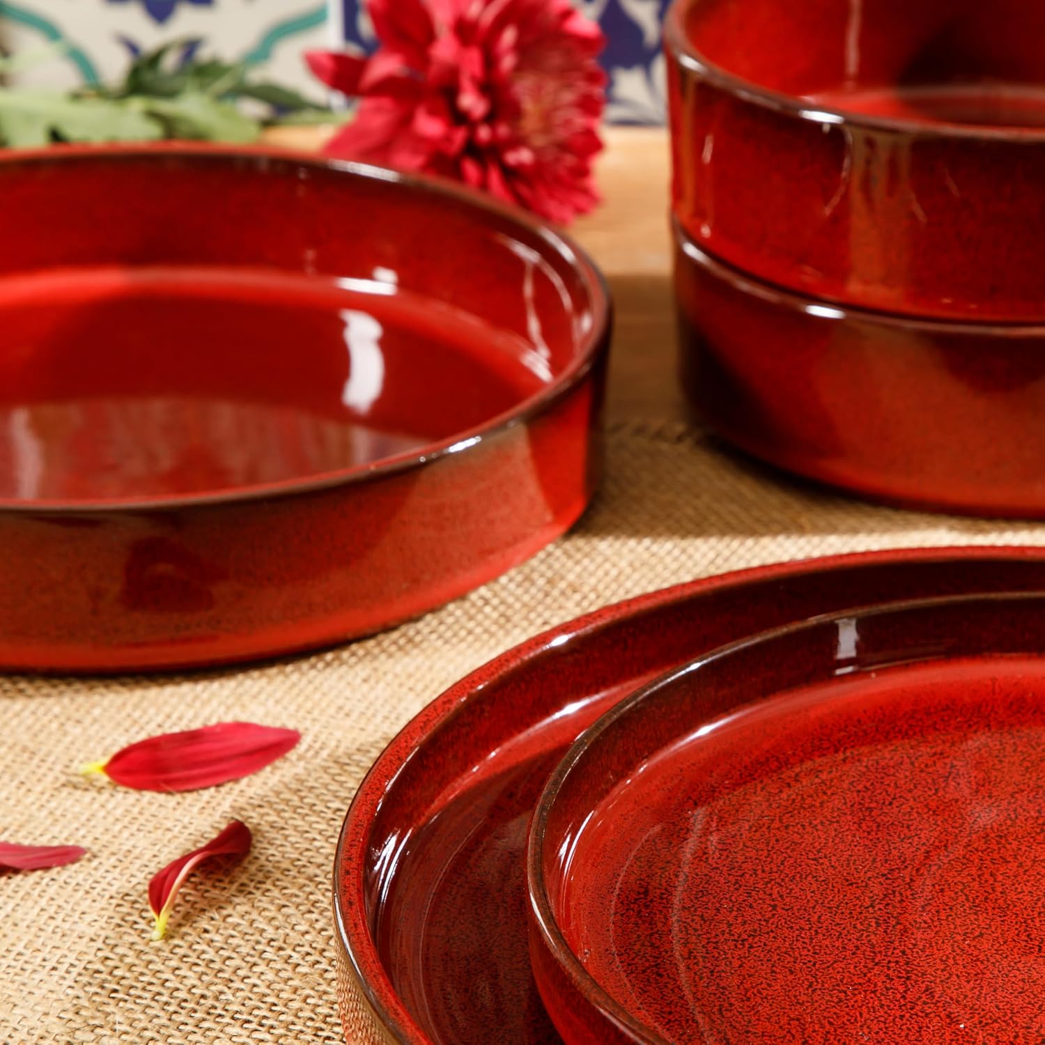 Bloomhouse Santorini Mist 16 Piece Double Bowl Terracotta Reactive Glaze Plates and Bowls Dinnerware Set - Moonstone White, Amber, Garnet Red, or Jade