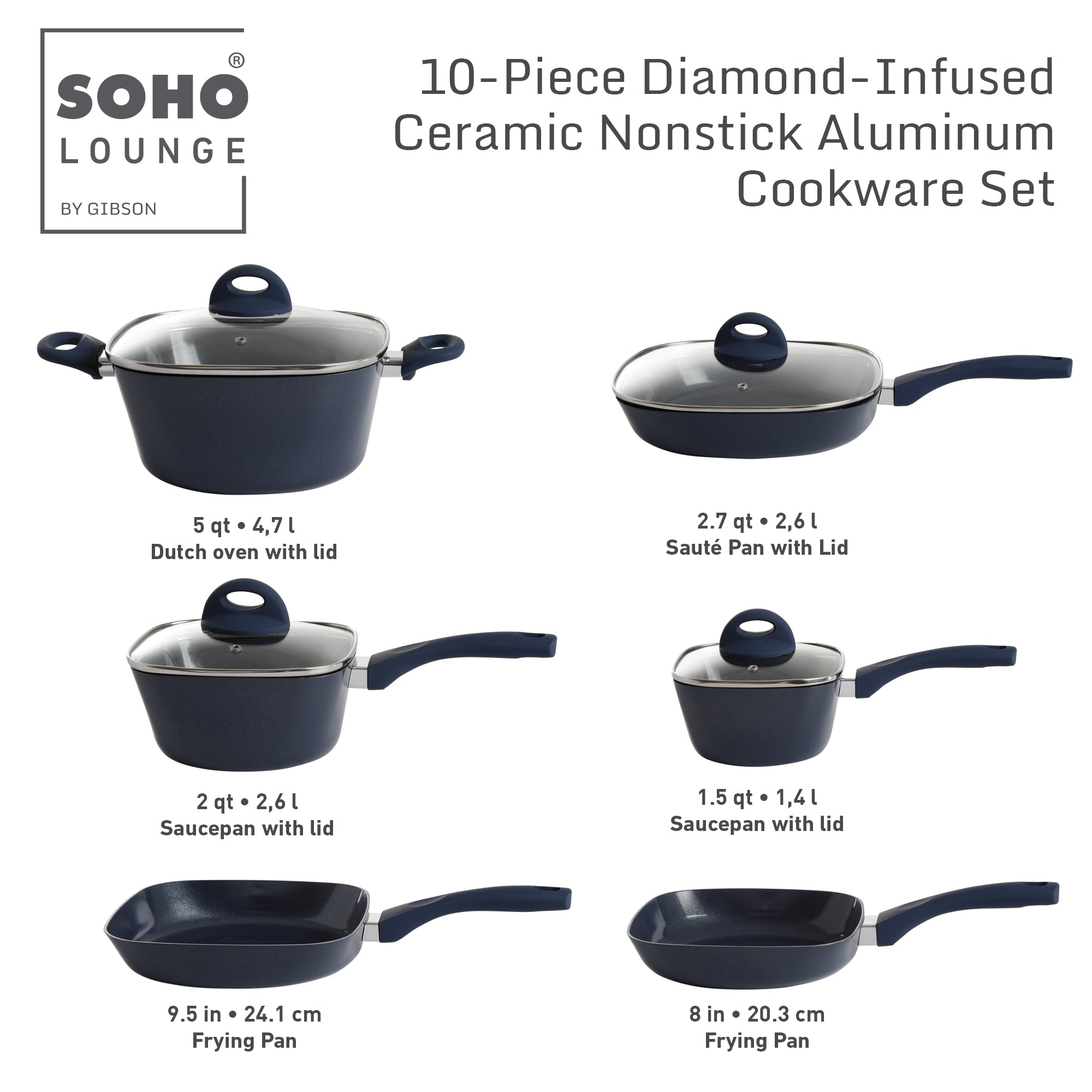 Gibson Soho Lounge 10-Piece Aluminum SquareDiamond-Infused Ceramic Non-Stick Induction Cookware Set