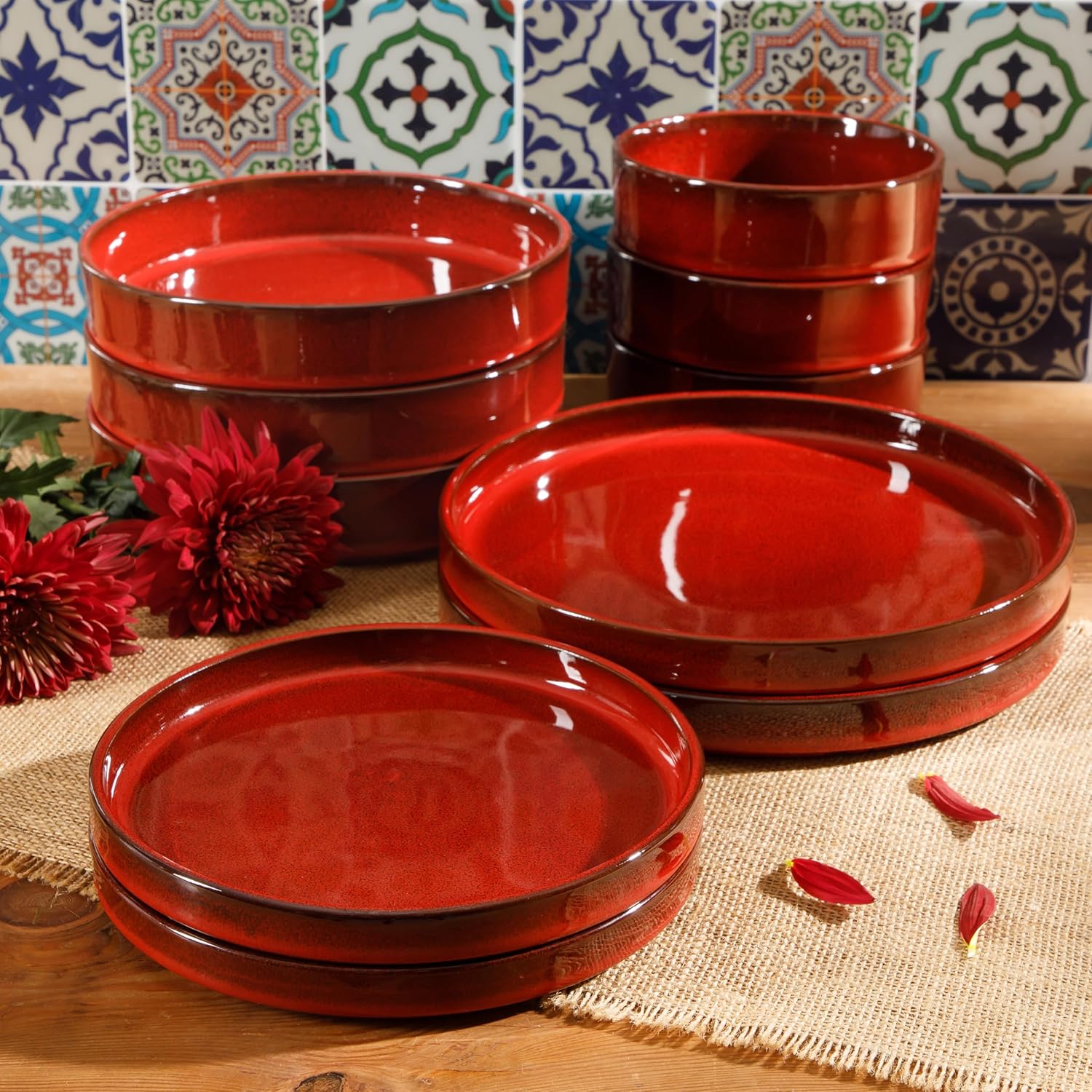 Bloomhouse Santorini Mist 16 Piece Double Bowl Terracotta Reactive Glaze Plates and Bowls Dinnerware Set - Moonstone White, Amber, Garnet Red, or Jade