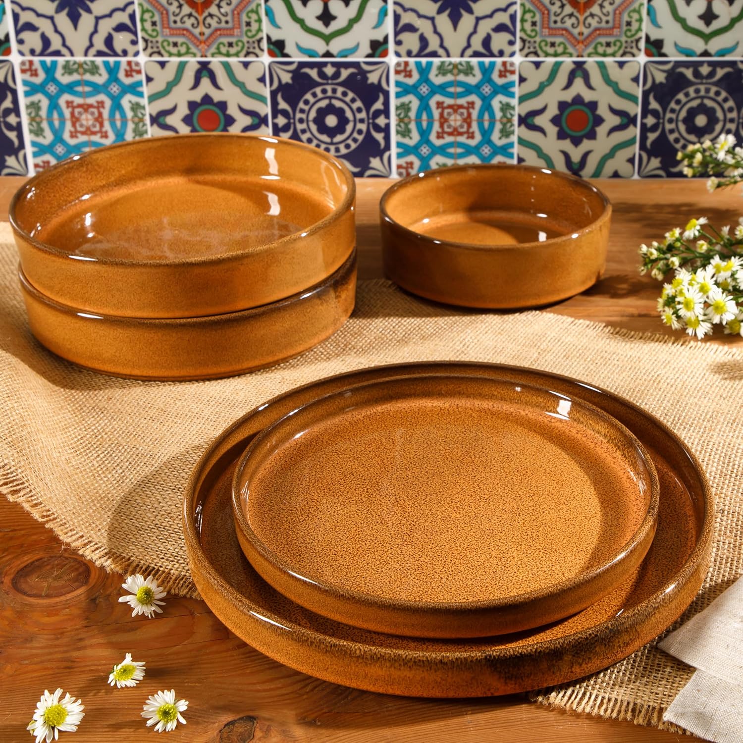 Bloomhouse Santorini Mist 16 Piece Double Bowl Terracotta Reactive Glaze Plates and Bowls Dinnerware Set - Moonstone White, Amber, Garnet Red, or Jade