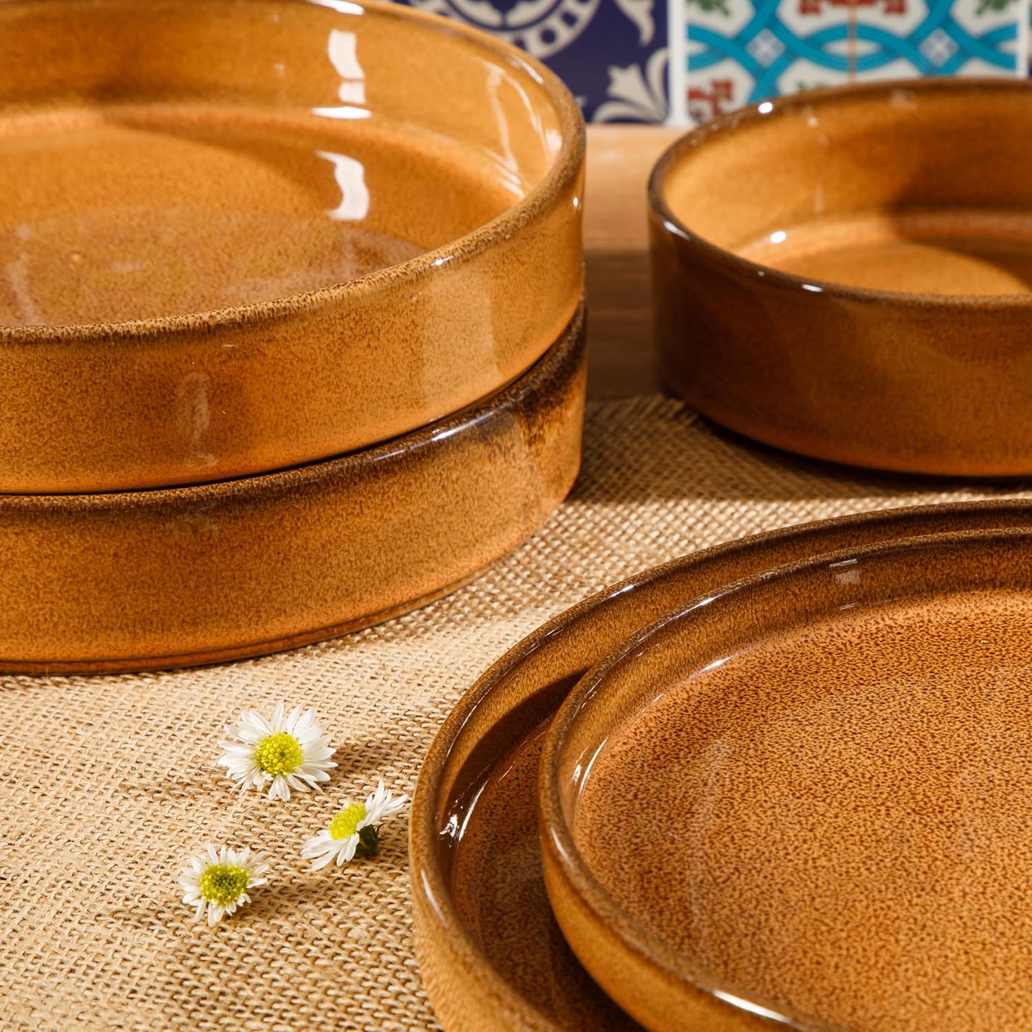 Bloomhouse Santorini Mist 16 Piece Double Bowl Terracotta Reactive Glaze Plates and Bowls Dinnerware Set - Moonstone White, Amber, Garnet Red, or Jade