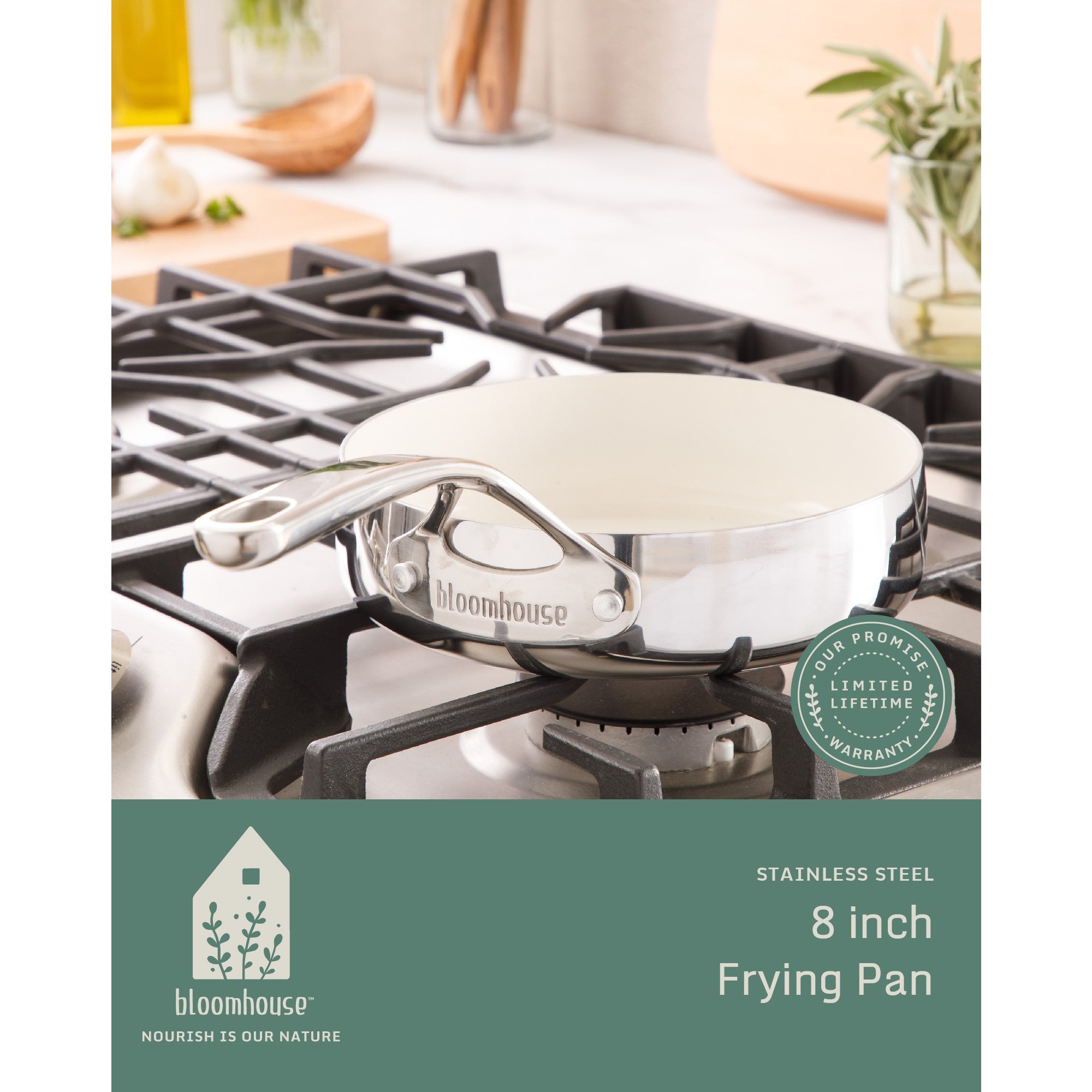 Bloomhouse 8 Inch Triply Stainless Steel Fry Pan w/ Non-Stick Non-Toxic Pro Ceramic Interior Frying Pan