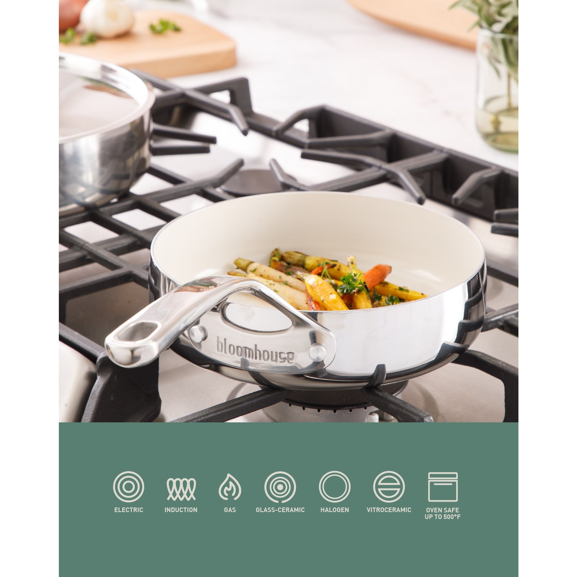 Bloomhouse 8 Inch Triply Stainless Steel Fry Pan w/ Non-Stick Non-Toxic Pro Ceramic Interior Frying Pan