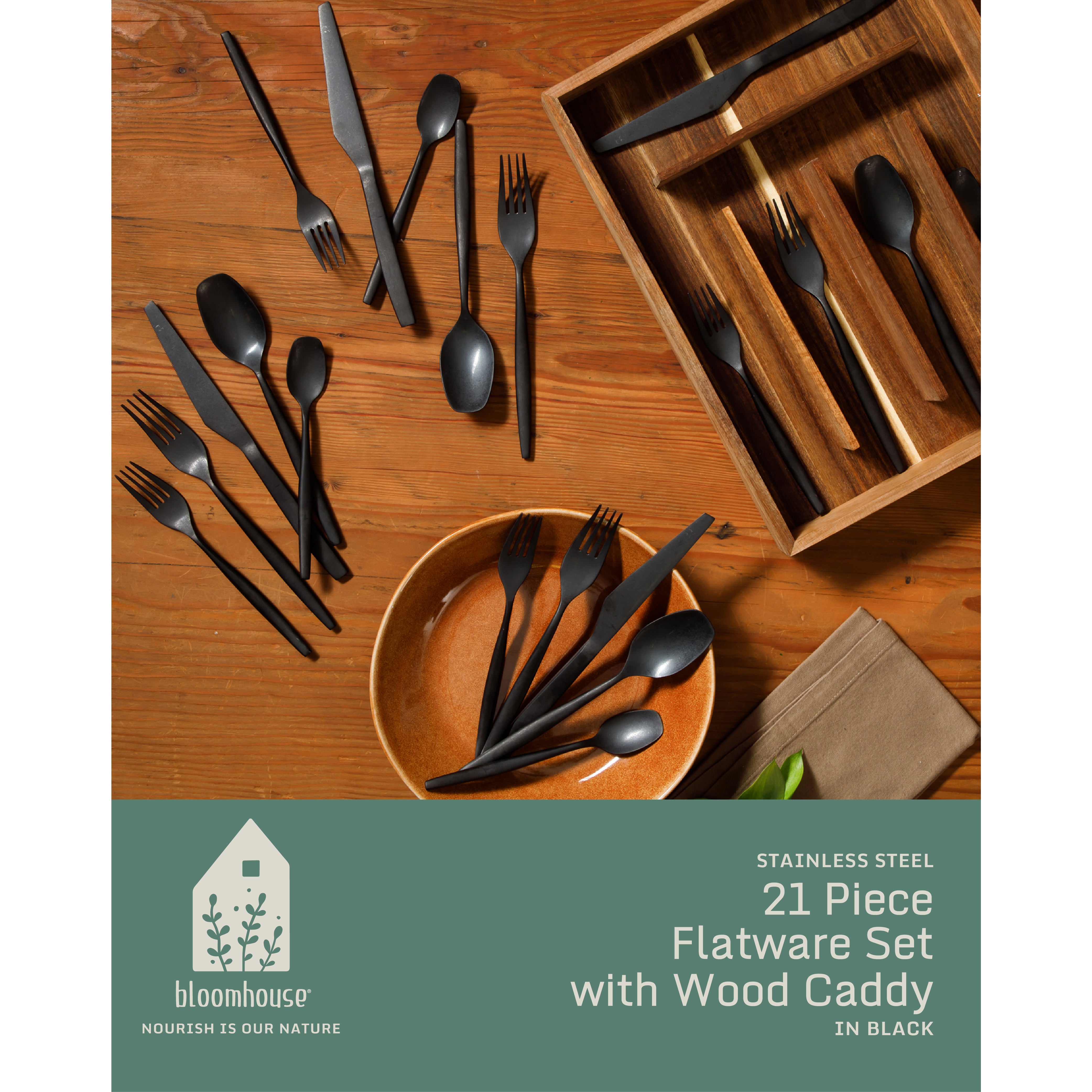 Bloomhouse 20 Piece Stone Washed Flatware 18/10 Stainless Steel Silverware Cutlery Utensil Set With Acacia Wood Caddy - Service for 4