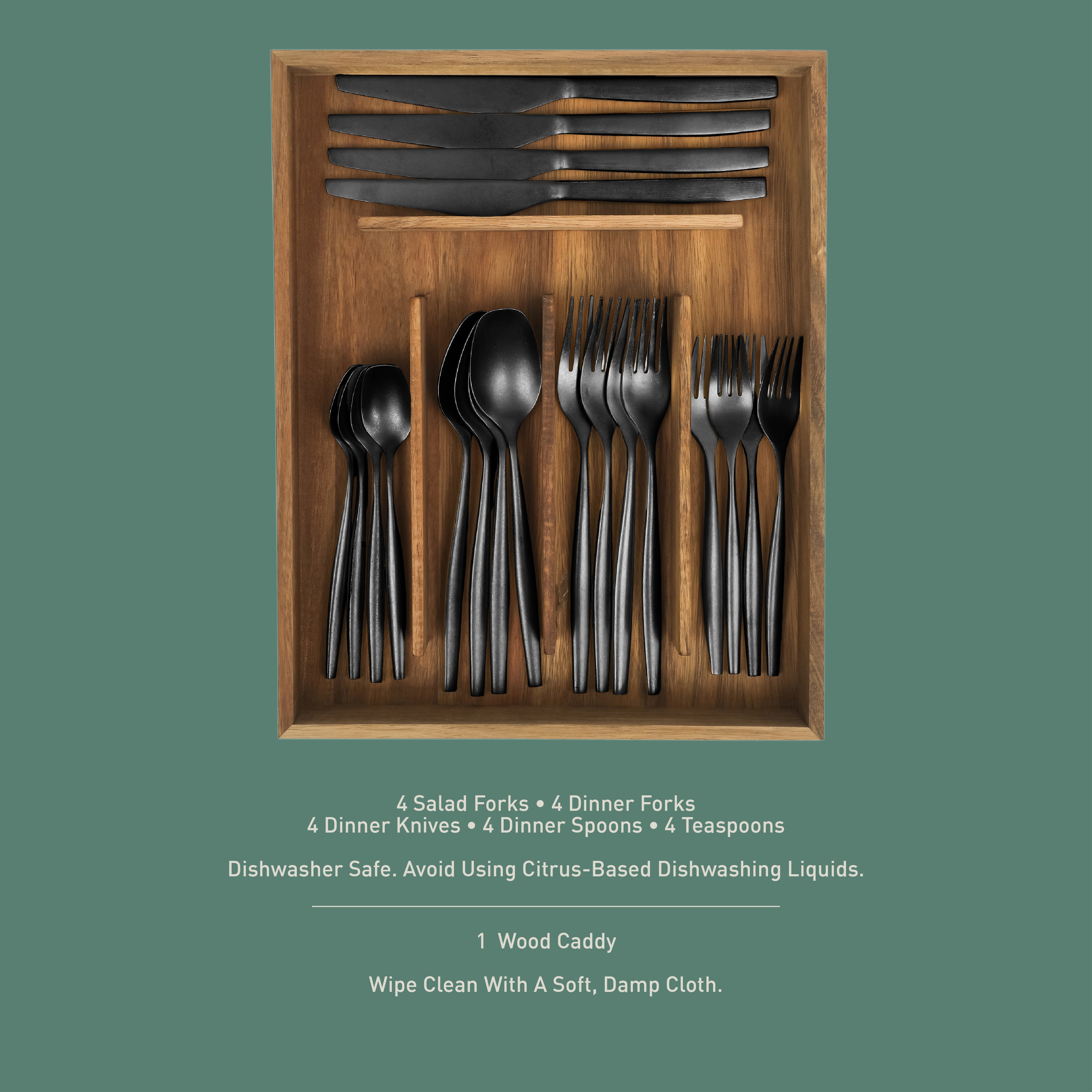 Bloomhouse 20 Piece Stone Washed Flatware 18/10 Stainless Steel Silverware Cutlery Utensil Set With Acacia Wood Caddy - Service for 4