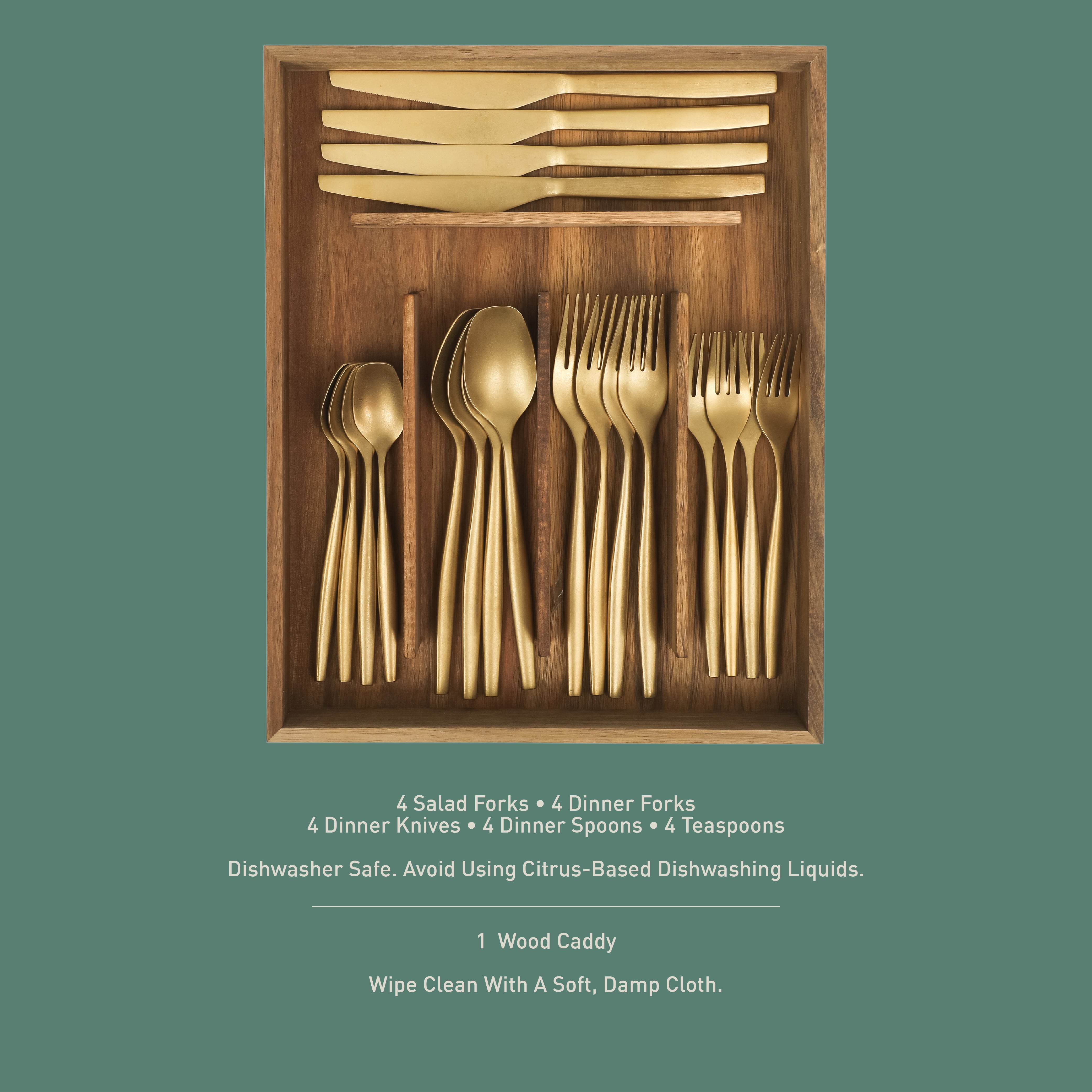 Bloomhouse 20 Piece Stone Washed Flatware 18/10 Stainless Steel Silverware Cutlery Utensil Set With Acacia Wood Caddy - Service for 4