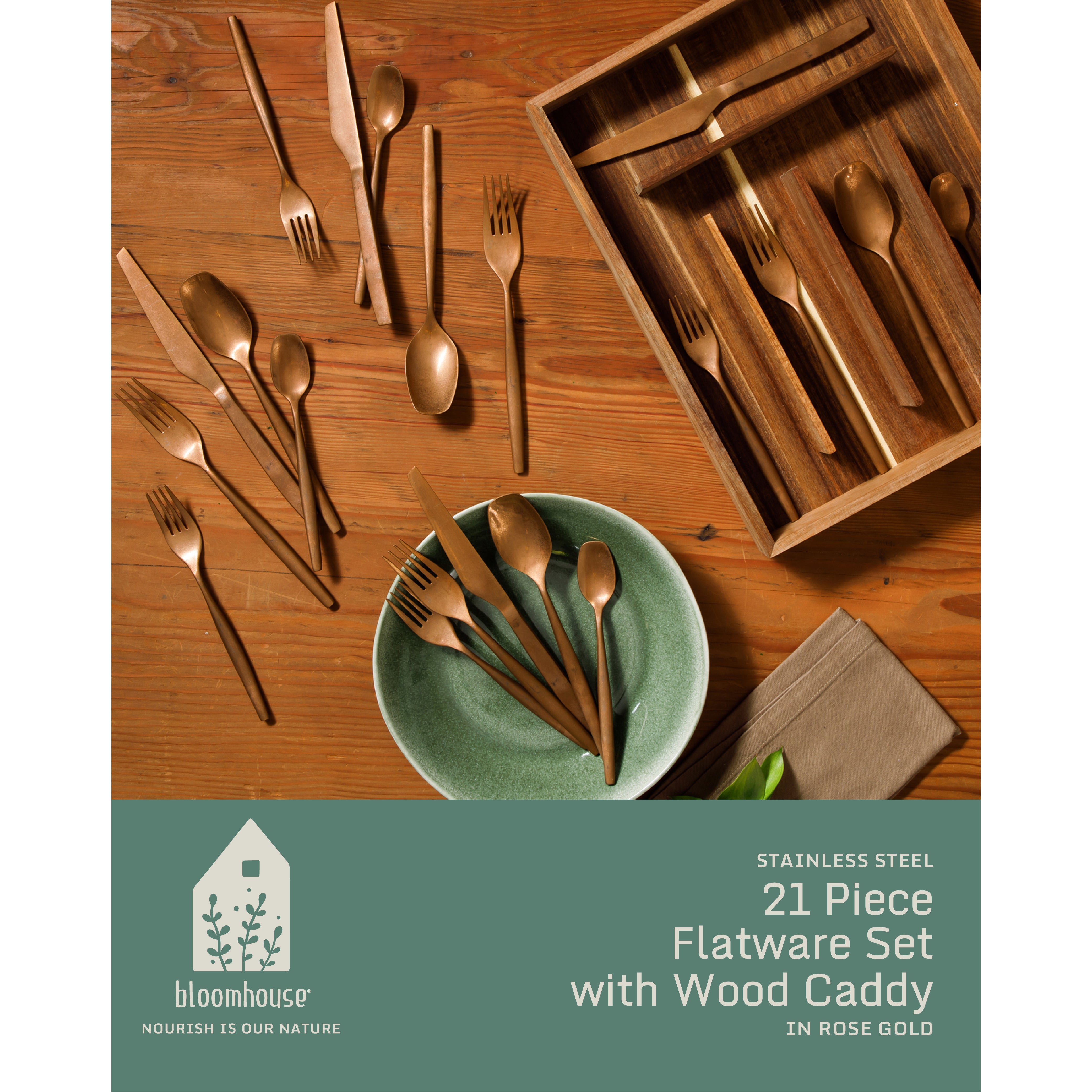 Bloomhouse 20 Piece Stone Washed Flatware 18/10 Stainless Steel Silverware Cutlery Utensil Set With Acacia Wood Caddy - Service for 4