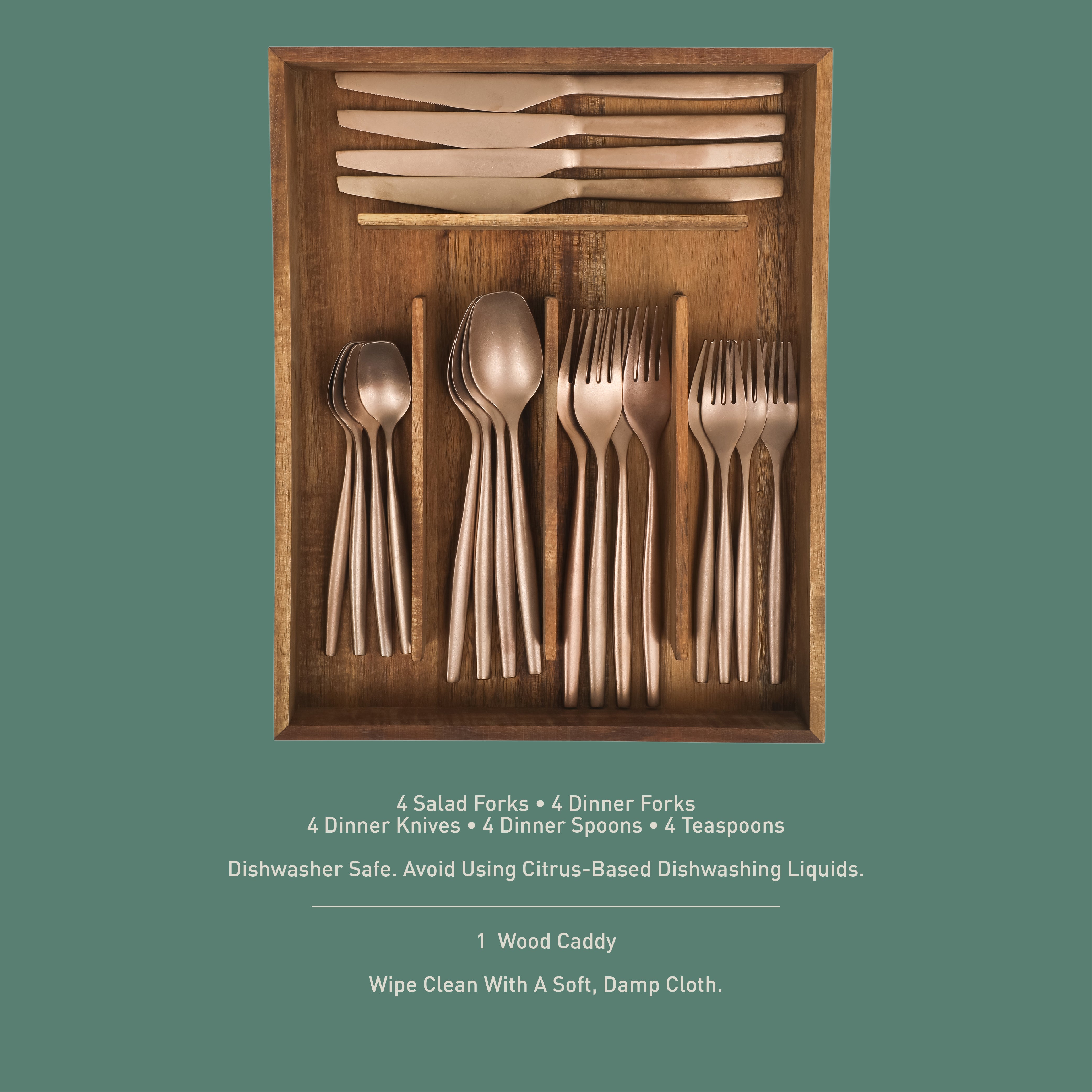 Bloomhouse 20 Piece Stone Washed Flatware 18/10 Stainless Steel Silverware Cutlery Utensil Set With Acacia Wood Caddy - Service for 4