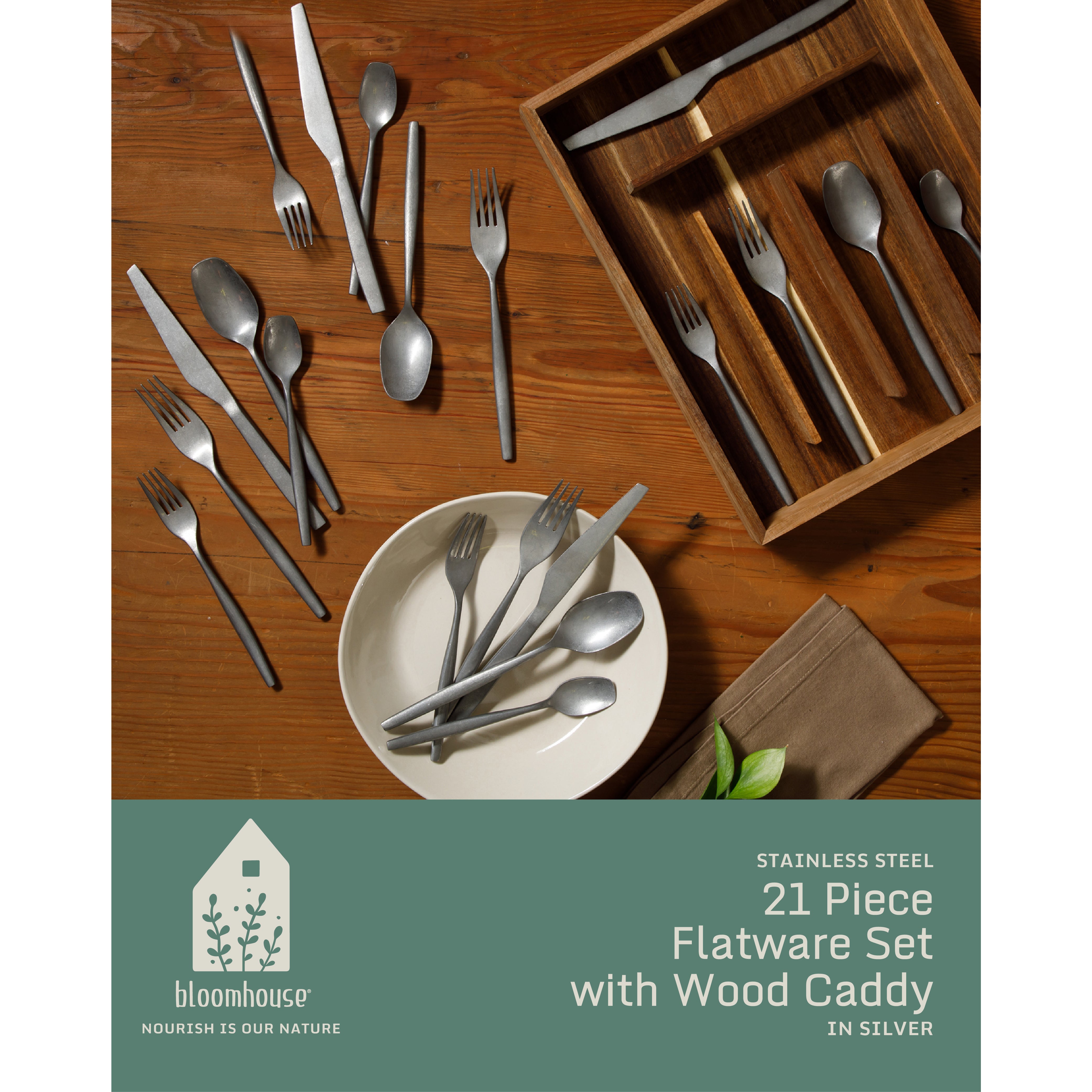 Bloomhouse 20 Piece Stone Washed Flatware 18/10 Stainless Steel Silverware Cutlery Utensil Set With Acacia Wood Caddy - Service for 4