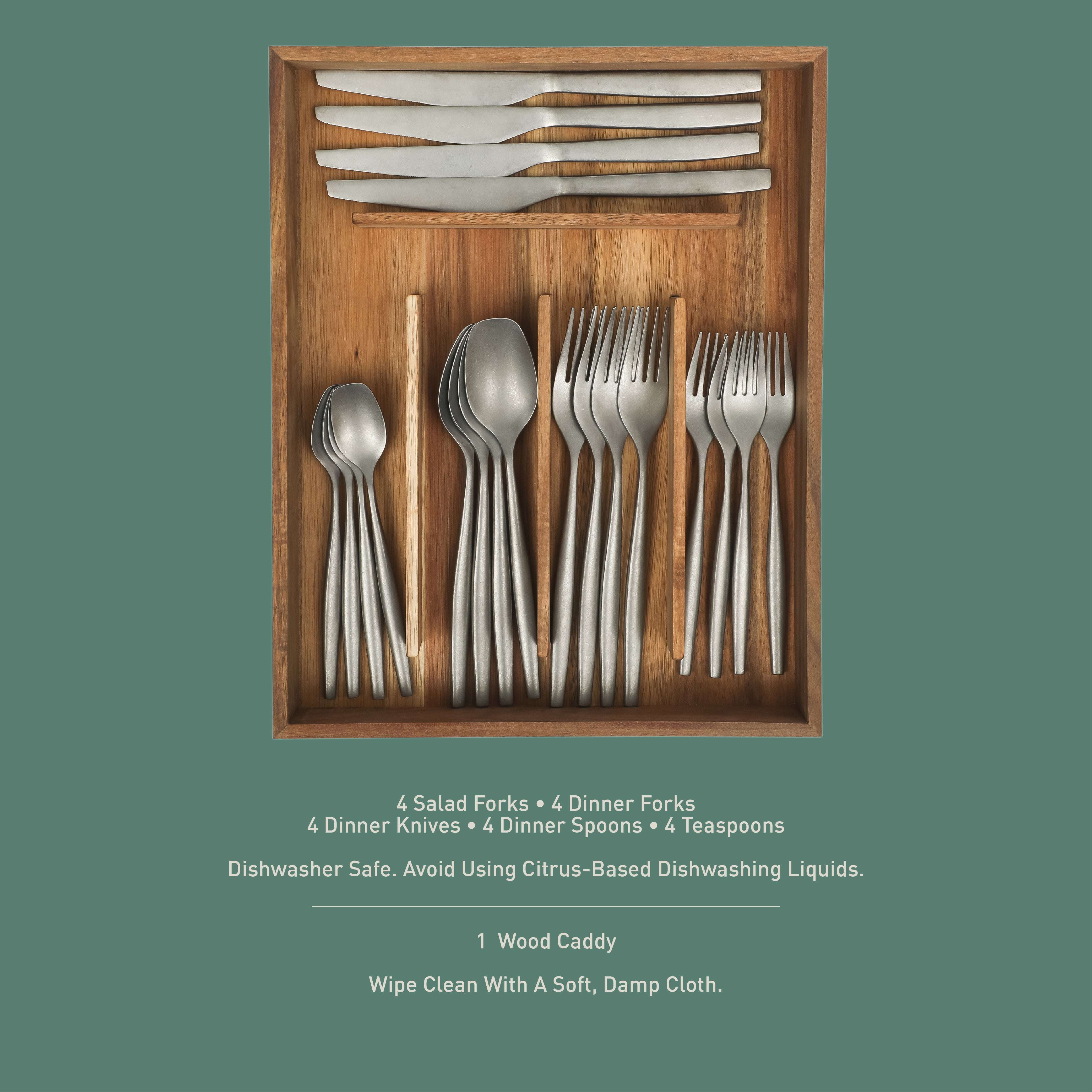 Bloomhouse 20 Piece Stone Washed Flatware 18/10 Stainless Steel Silverware Cutlery Utensil Set With Acacia Wood Caddy - Service for 4