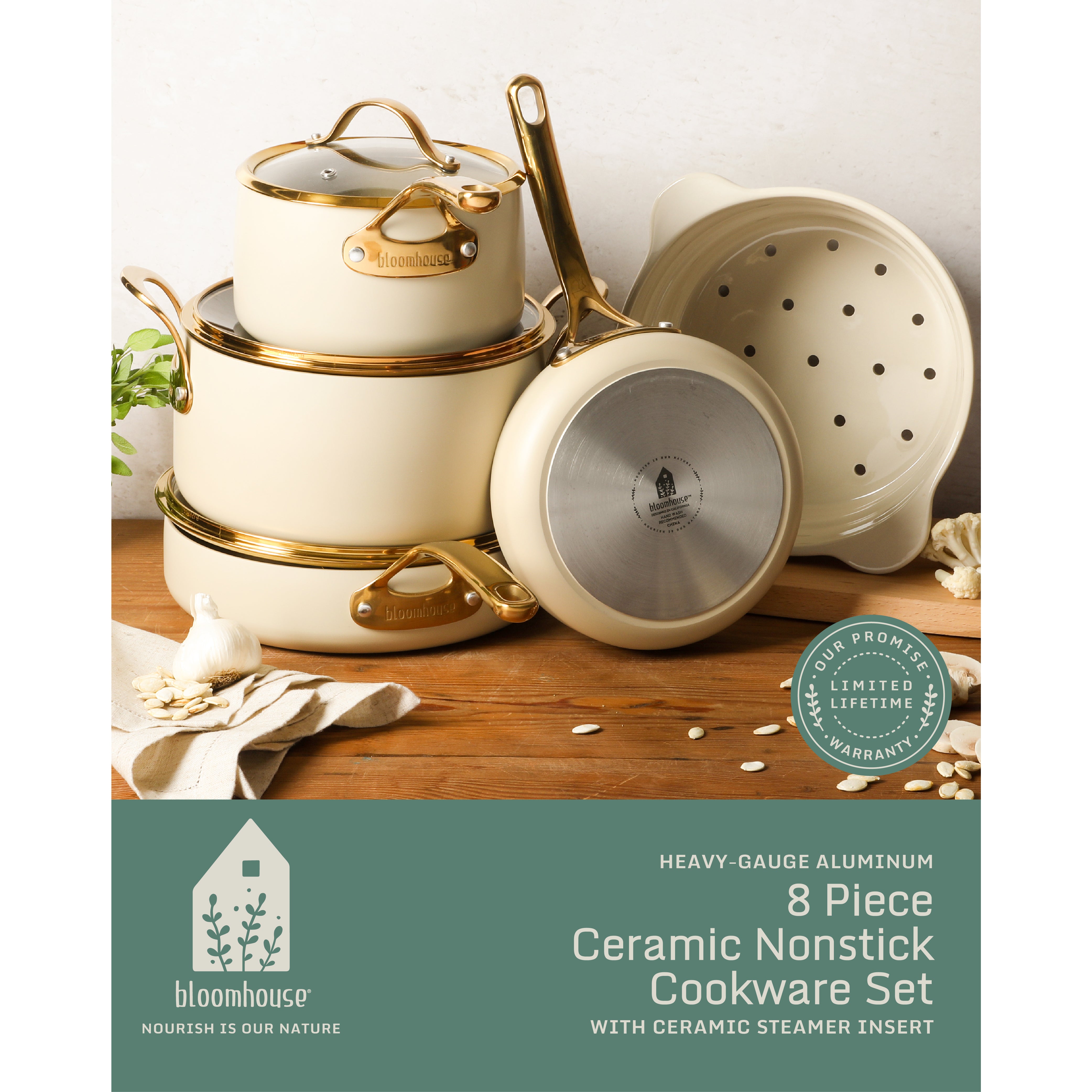 Bloomhouse 8 Piece Pots and Pans Heavy Duty Aluminum Premium PFA Free Ceramic Nonstick Dutch Oven Pot with Lid - Linen White with Gold Handle