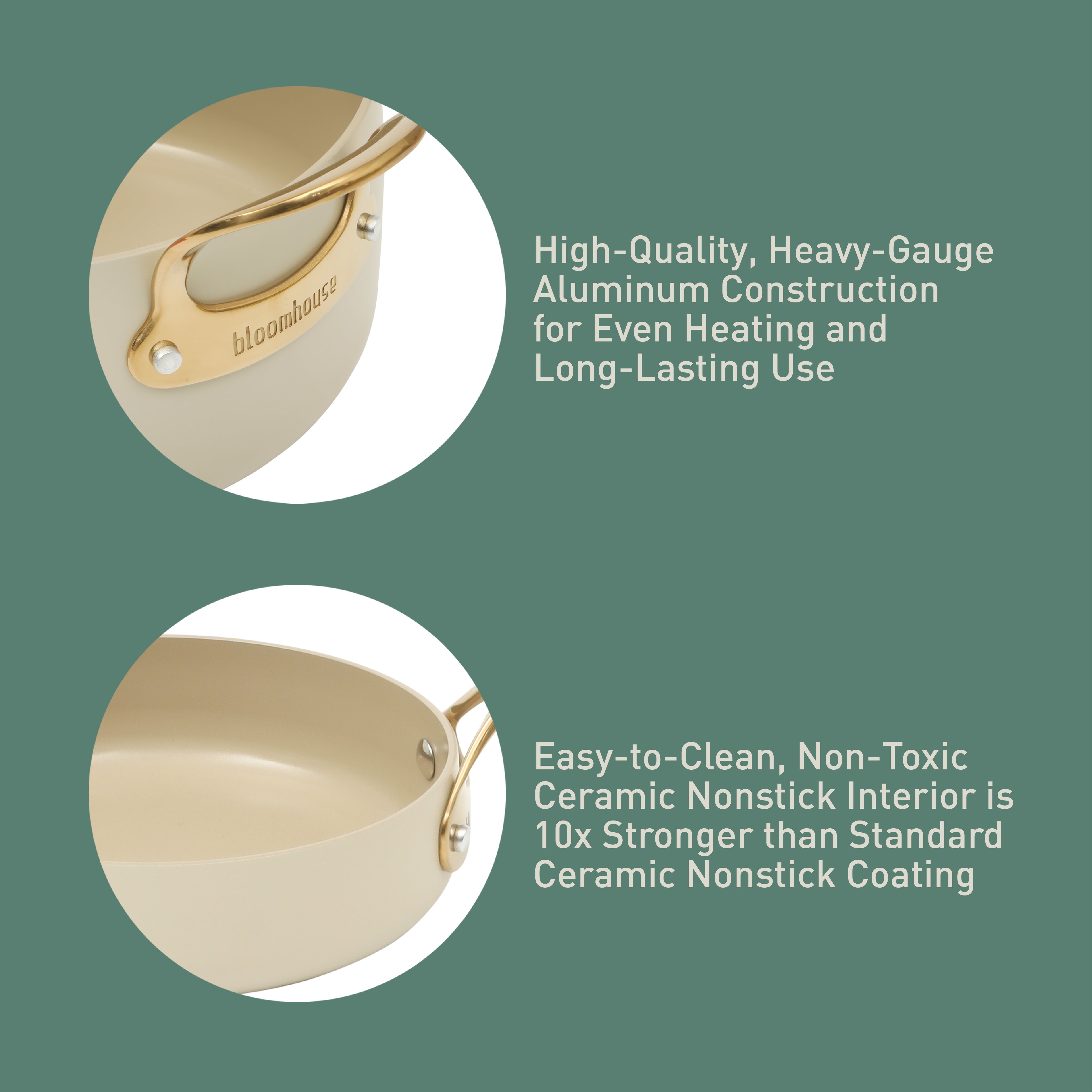 Bloomhouse 8 Piece Pots and Pans Heavy Duty Aluminum Premium PFA Free Ceramic Nonstick Dutch Oven Pot with Lid - Linen White with Gold Handle