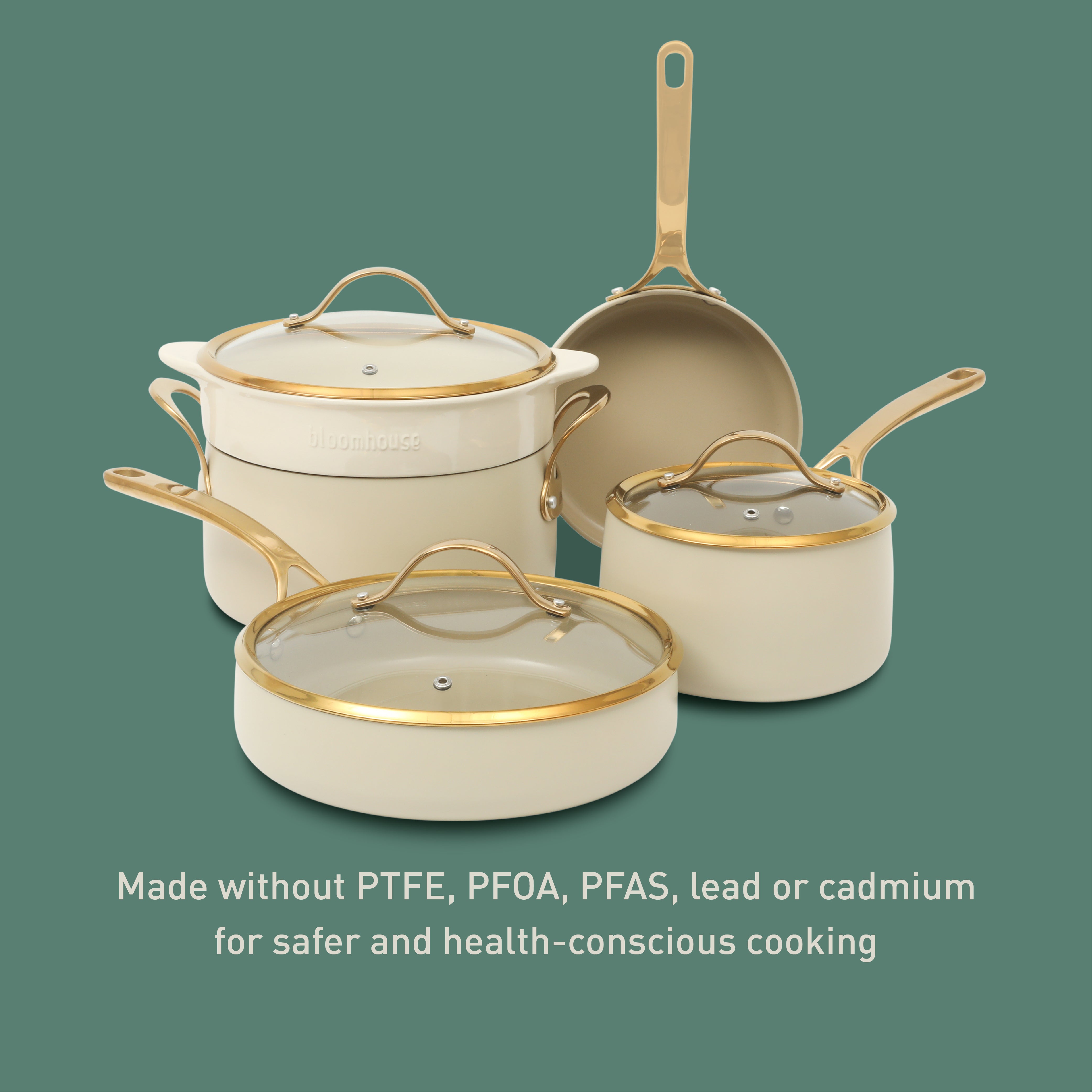 Bloomhouse 8 Piece Pots and Pans Heavy Duty Aluminum Premium PFA Free Ceramic Nonstick Dutch Oven Pot with Lid - Linen White with Gold Handle