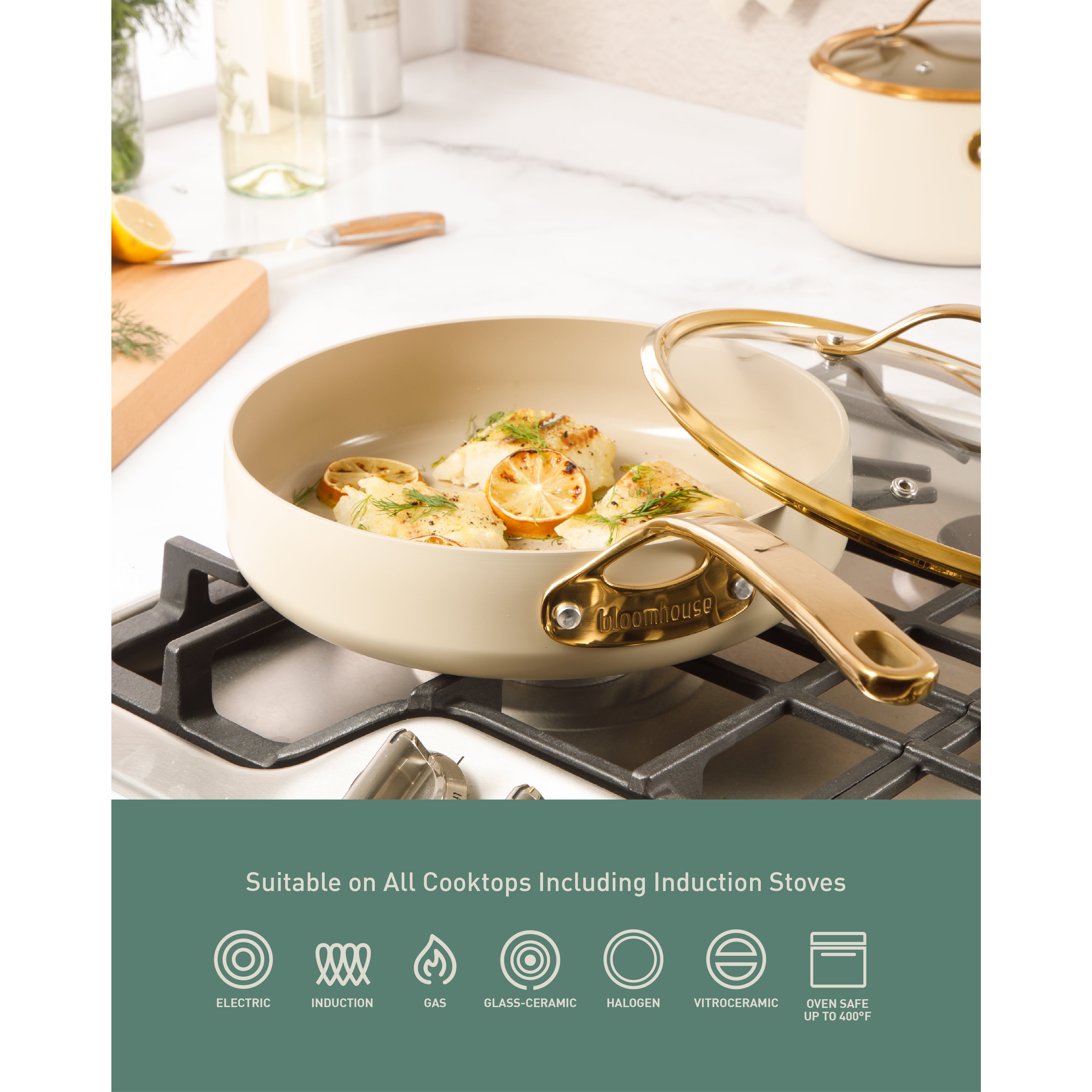 Bloomhouse 8 Piece Pots and Pans Heavy Duty Aluminum Premium PFA Free Ceramic Nonstick Dutch Oven Pot with Lid - Linen White with Gold Handle