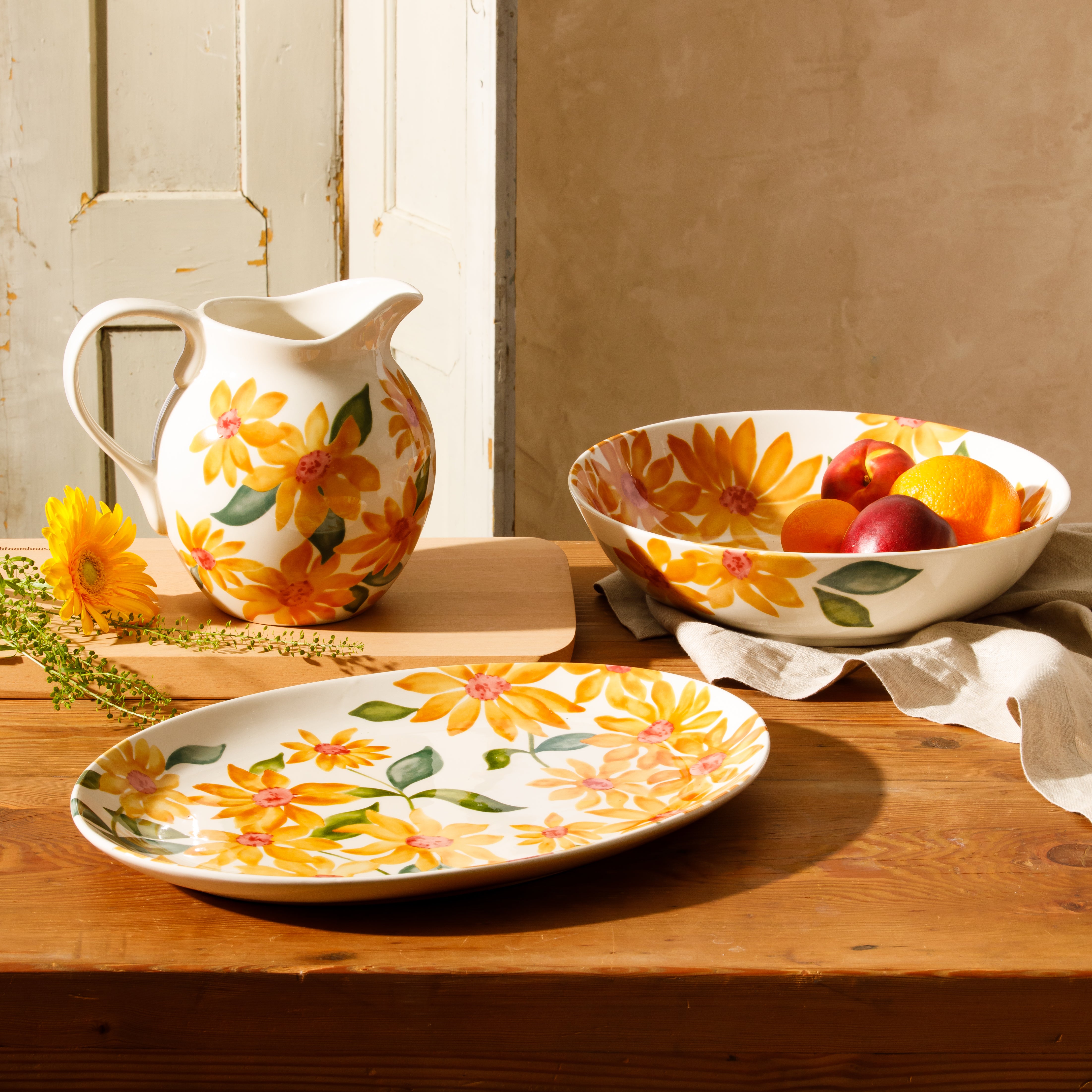 Bloomhouse Sunnyflower 2-Piece Hand-Painted Floral Stoneware Serving Set