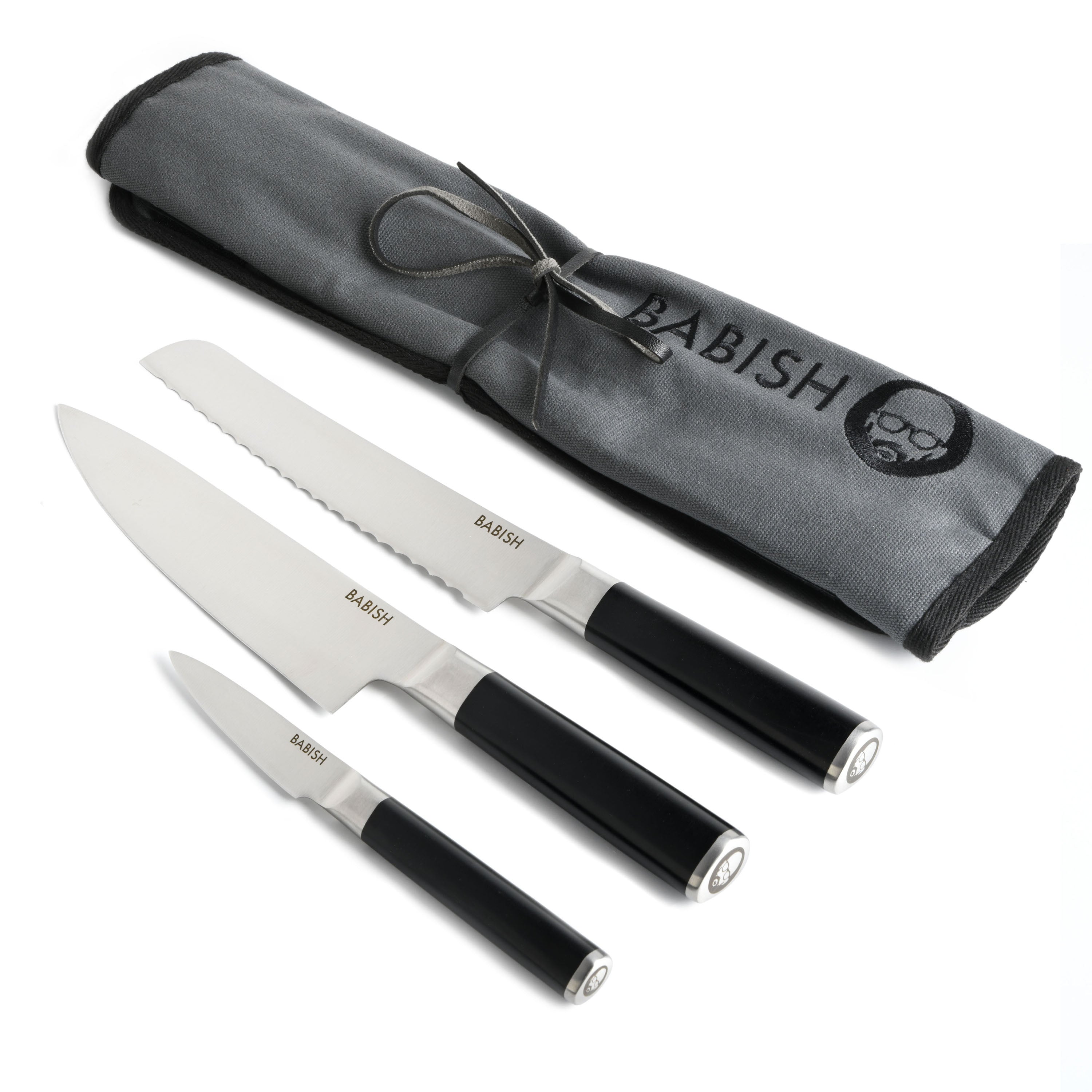 Babish High-Carbon 1.4116 German Steel 3-Piece Cutlery Set (Chef Knife, Bread Knife, & Pairing Knife) w/Knife Roll
