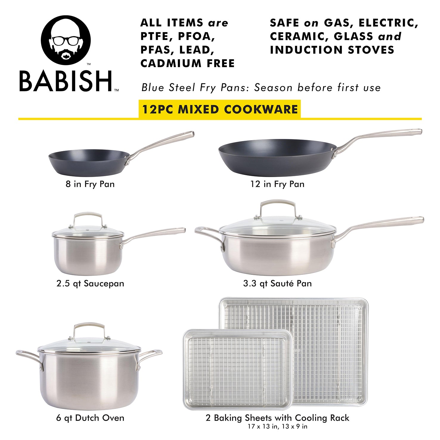 Babish 12-Piece Mixed Material (Stainless Steel, Carbon Steel, & Aluminum) Professional Grade Cookware Set W/ Baking Sheets