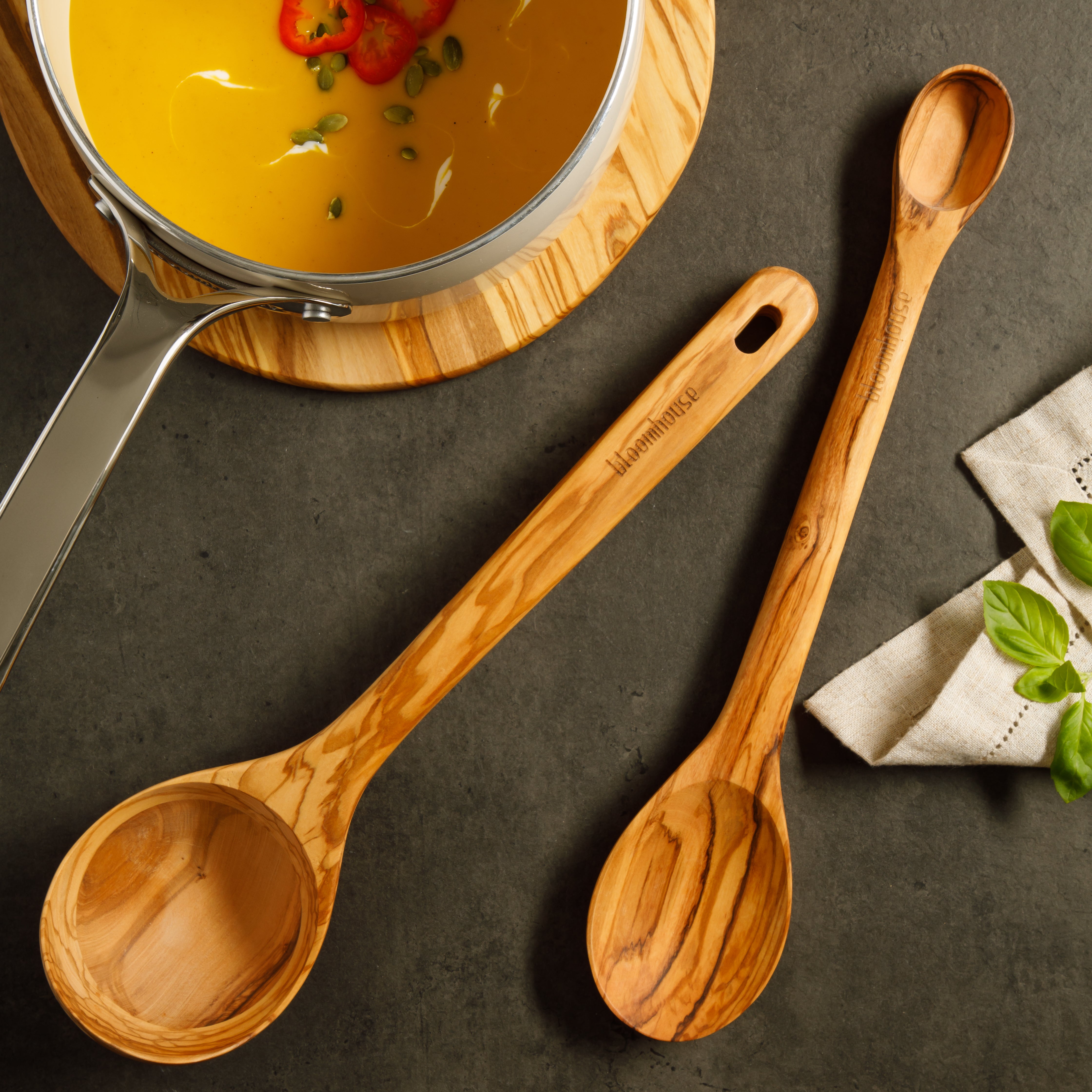 Bloomhouse Italian Olive Wood 2-Piece Extra-Large 14 Inch Ladle and Tasting Spoon Set