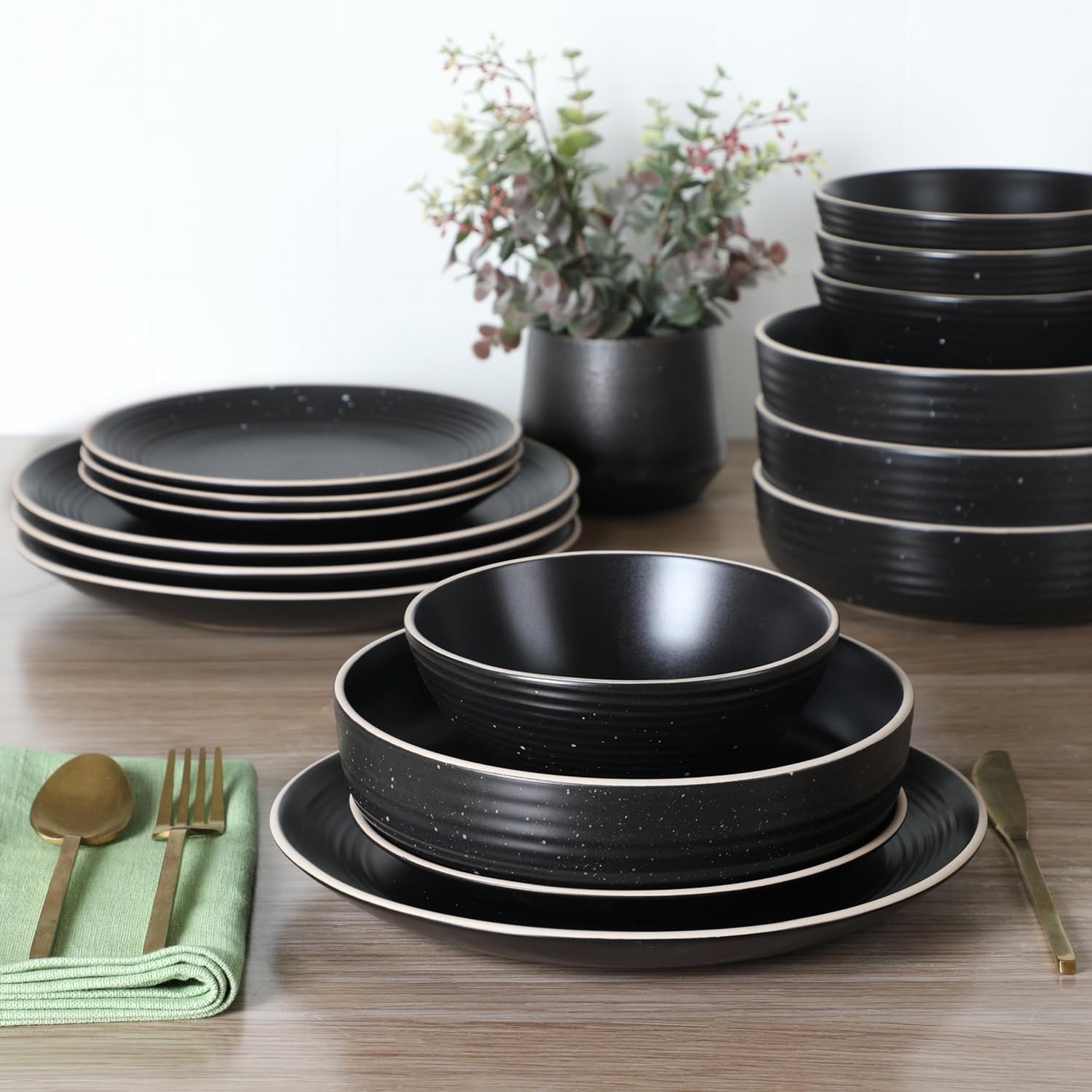 Gibson Home Dinah 16 Piece Double Bowl Stoneware Embossed Speckled Dinnerware Set - Matte Black, White, or Sage Green
