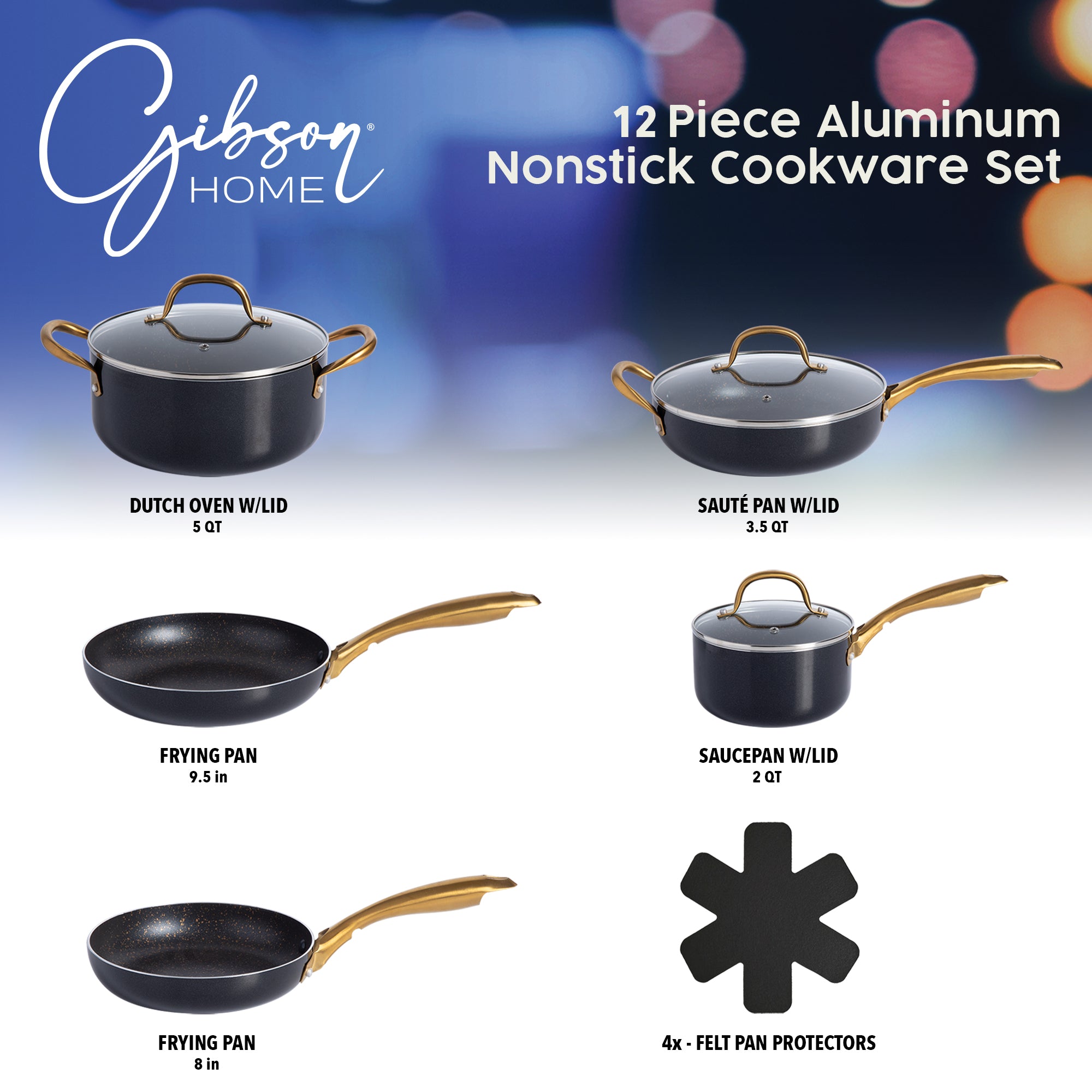 Gibson Home 12-Piece Heavy Gauge Nonstick Induction Aluminum Cookware Set w/ Felt Protector - Black w/ Gold Speckle Interior