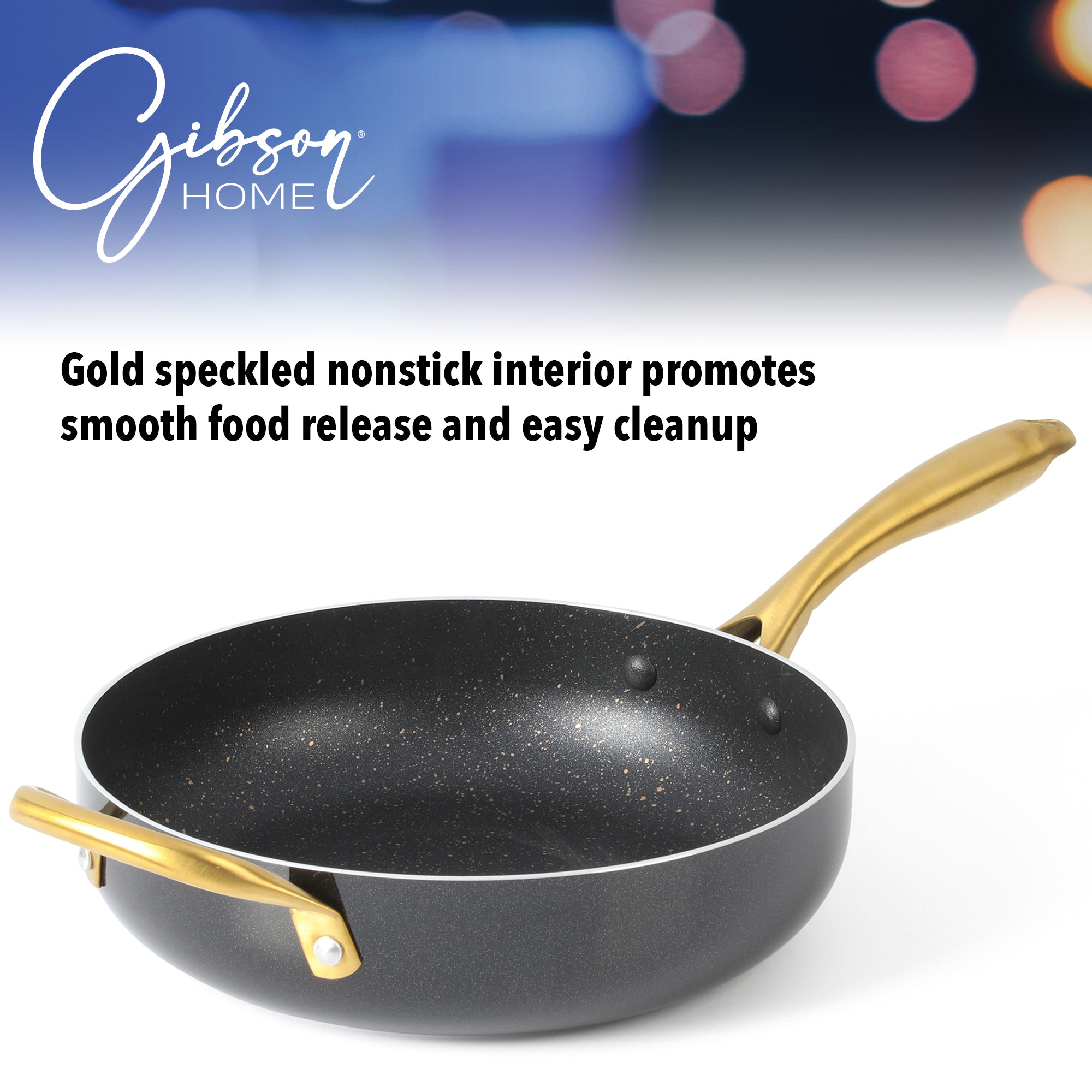 Gibson Home 12-Piece Heavy Gauge Nonstick Induction Aluminum Cookware Set w/ Felt Protector - Black w/ Gold Speckle Interior