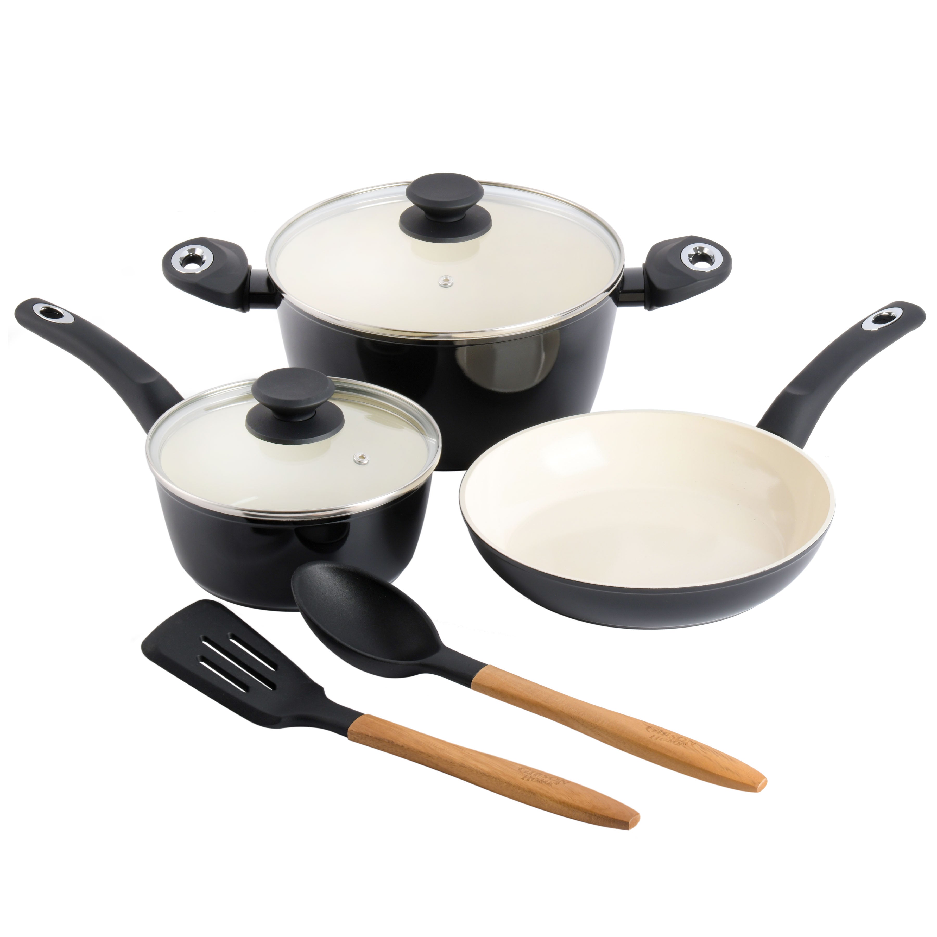 Gibson Home Plaza Café Forged Aluminum 7-Piece Healthy Ceramic Interior w/ Bakelite Handles Pots and Pans Cookware Set