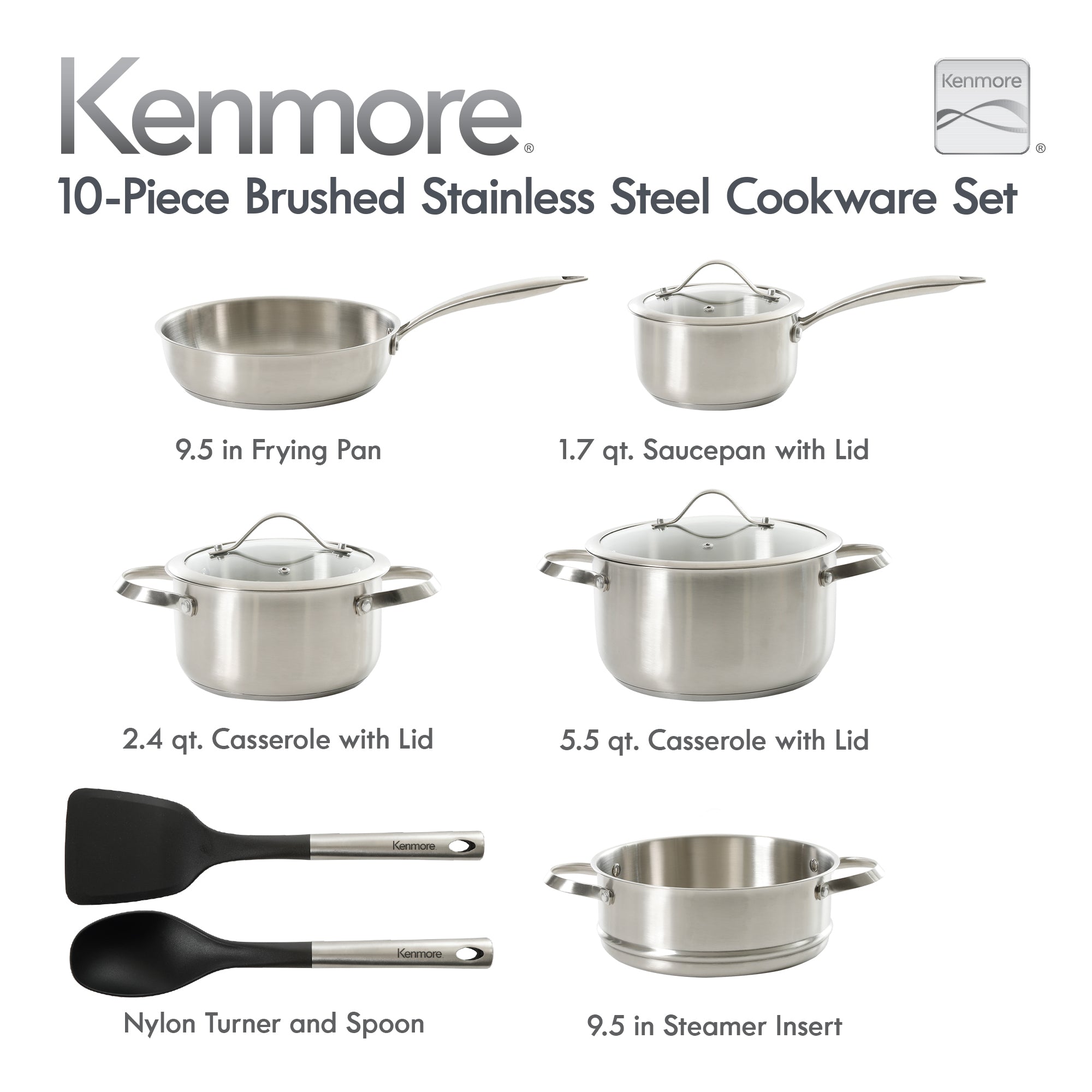 Kenmore Aiden 10-Piece Stainless Steel Cookware Set