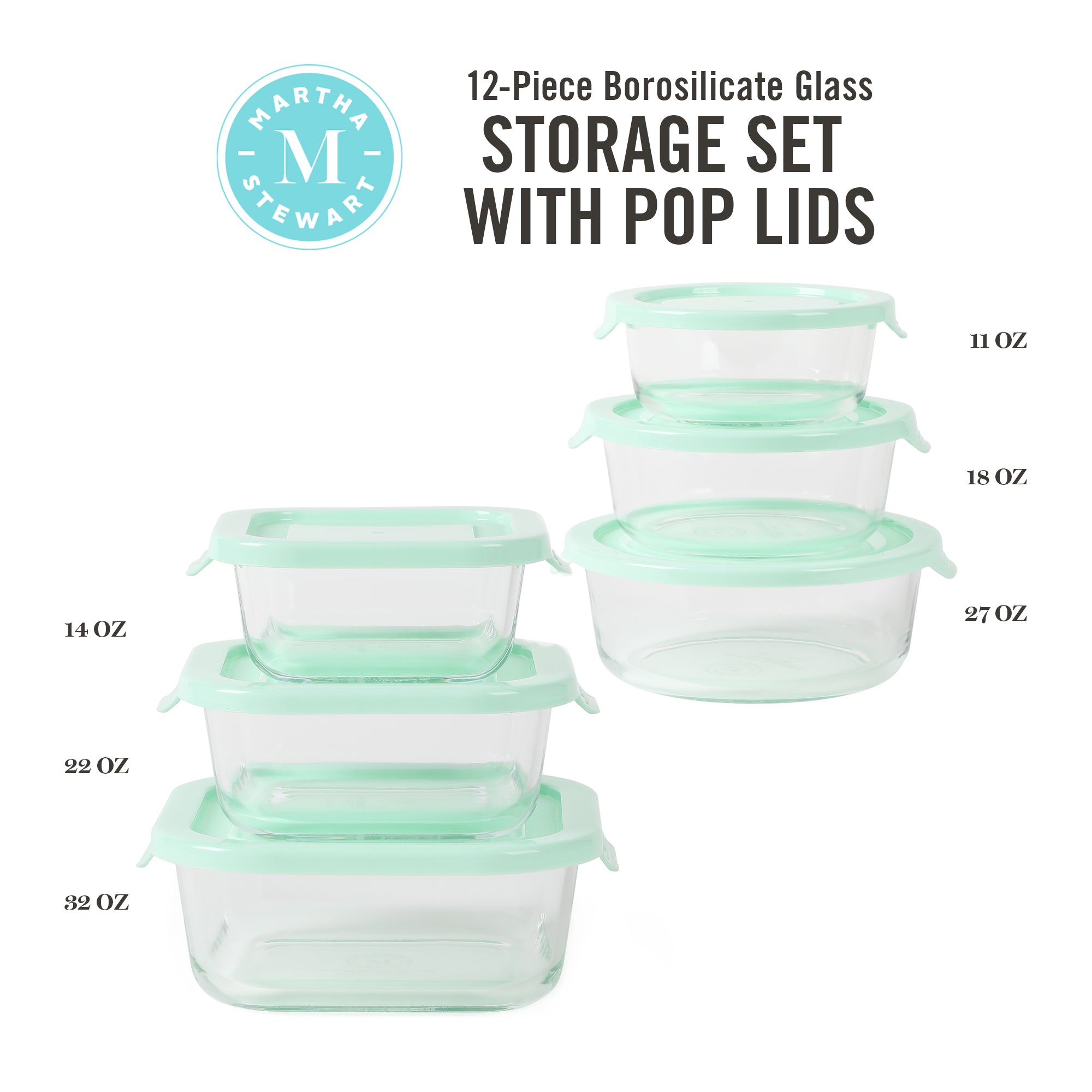 Martha Stewart Hadsell 6 Piece 27 oz, 17.6 oz, 10.8 oz Borosilicate Glass  Square Storage Container Set w/PP Pop Martha Blue Lids