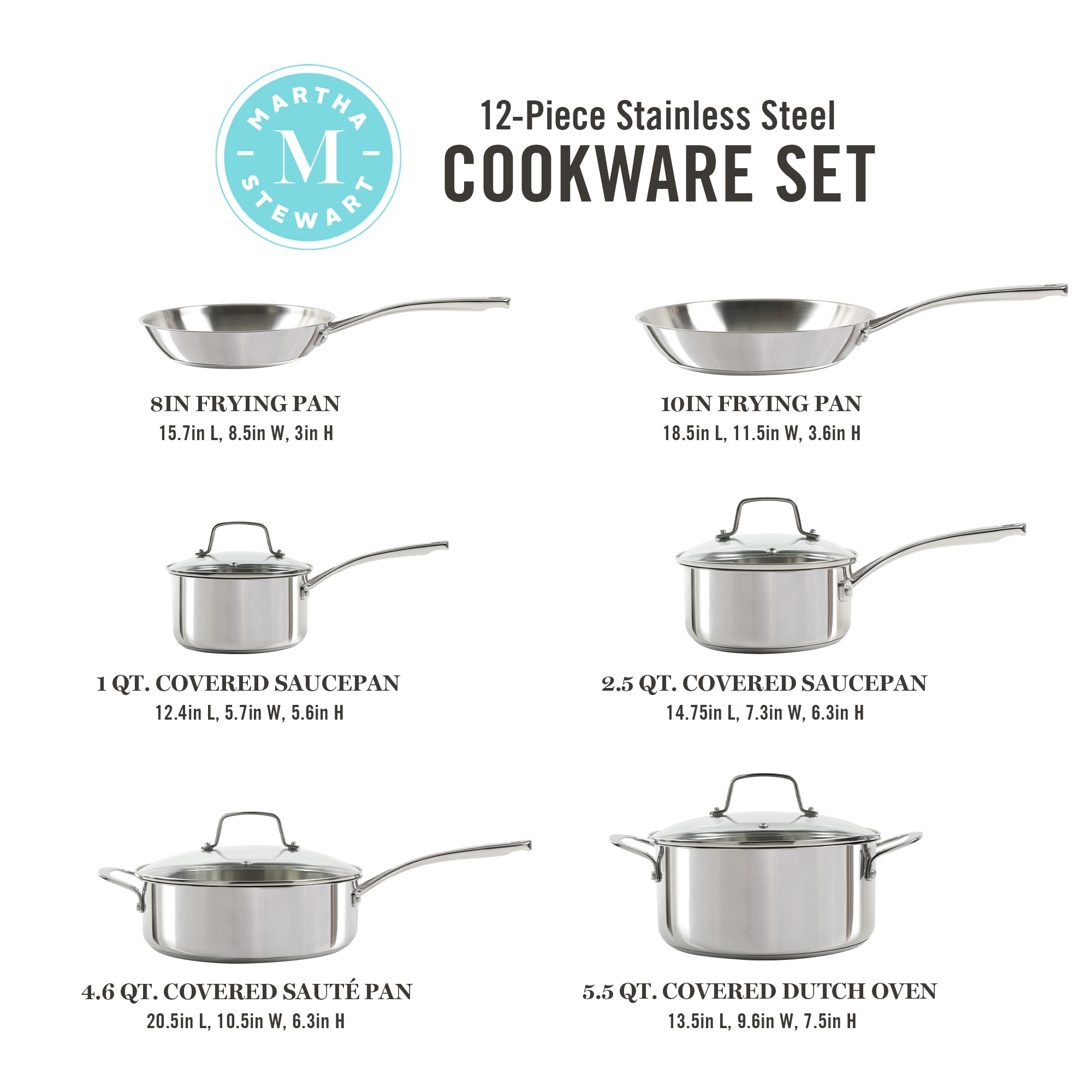 Martha Stewart Cookware Set, Stainless Steel, 10-Piece