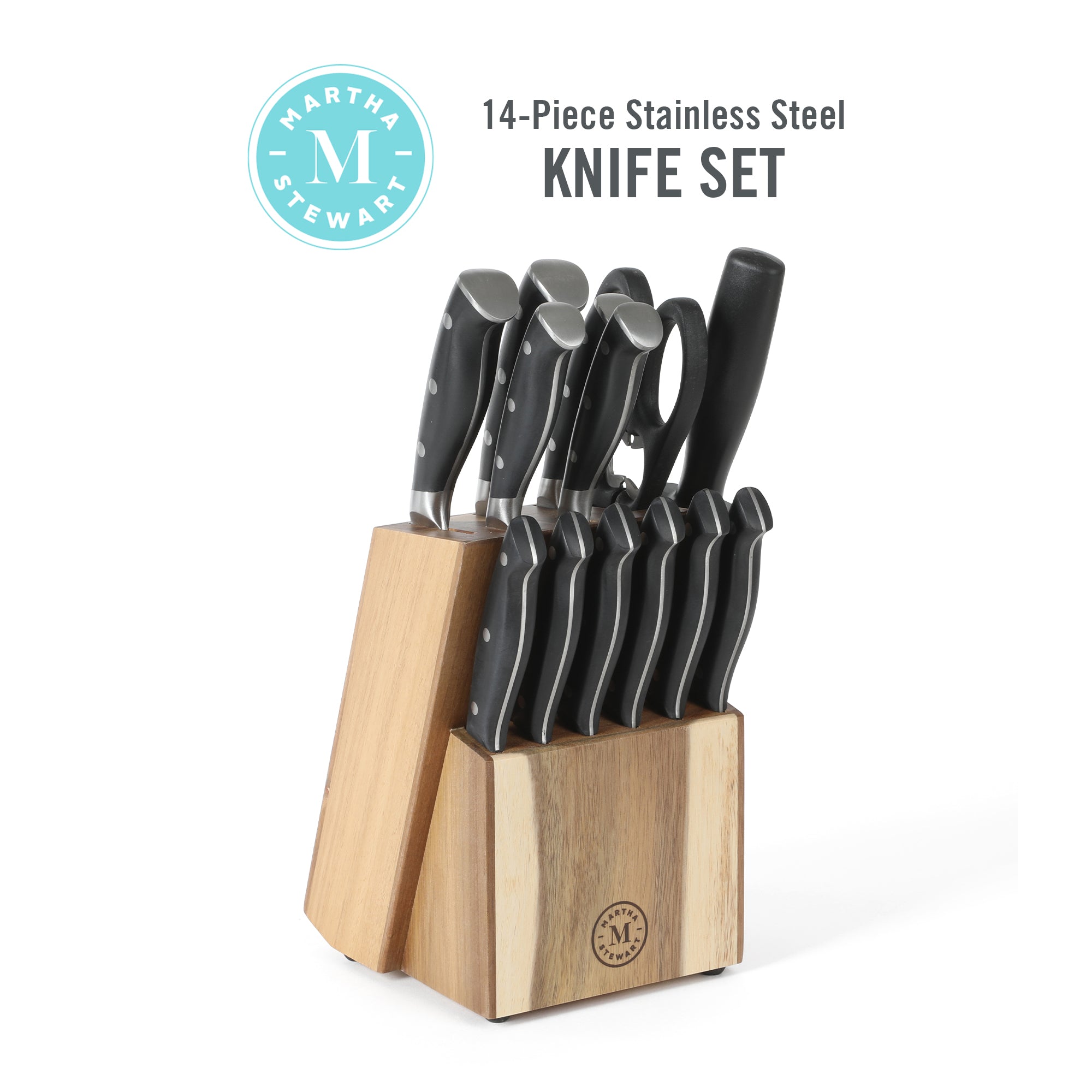 Martha Stewart Greeley 14-Piece Triple-Riveted Cutlery Knife Acacia Wood Block Set w/ Comfort Grip Handles