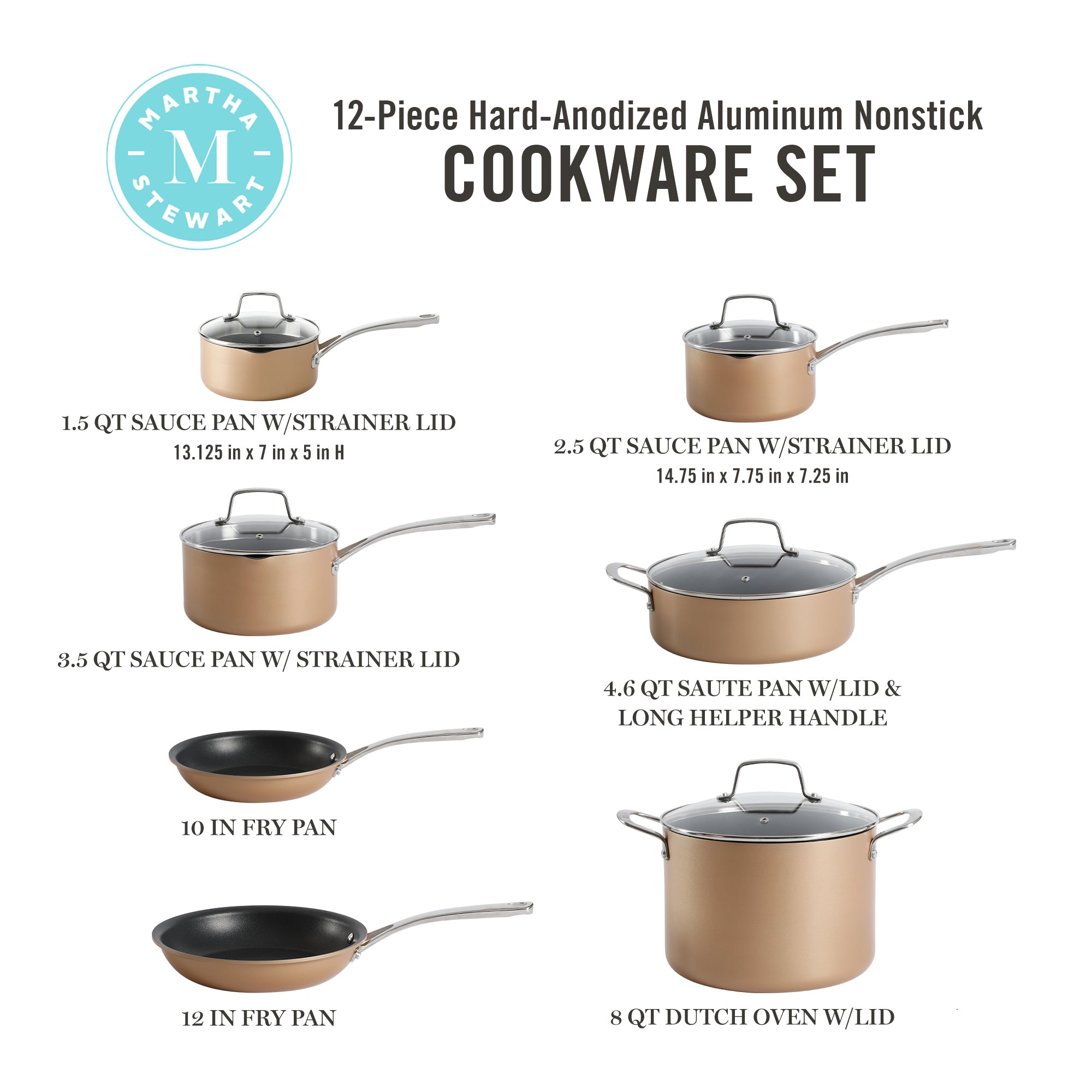 Martha Stewart 12-Piece Heavy Gauge Aluminum Hard Anodized Premium Nonstick Induction Safe Cookware Set