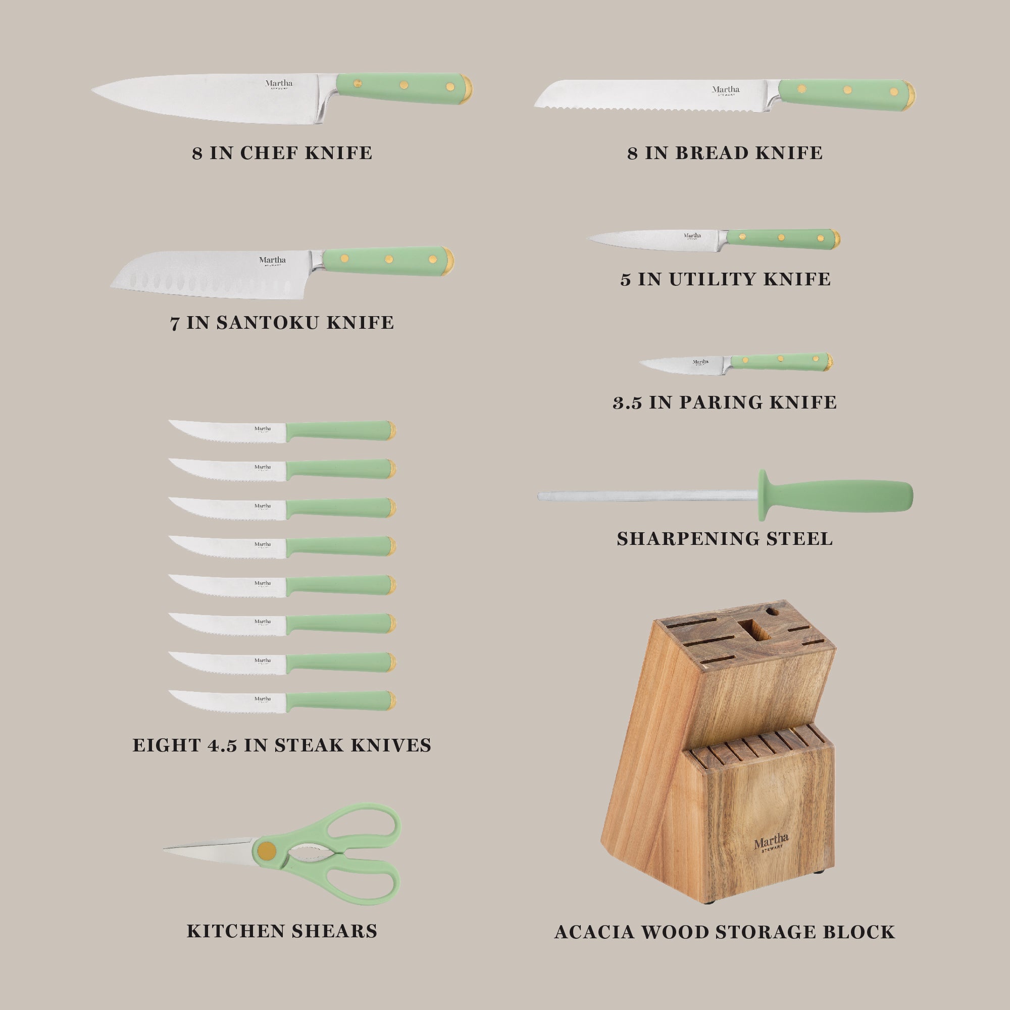 Martha Stewart 16 Piece Lockton High Carbob Stainless Steel Cutlery Kitchen Knife Block Set W/ ABS Tripe Riveted Forged Handle Acacia Wood Block