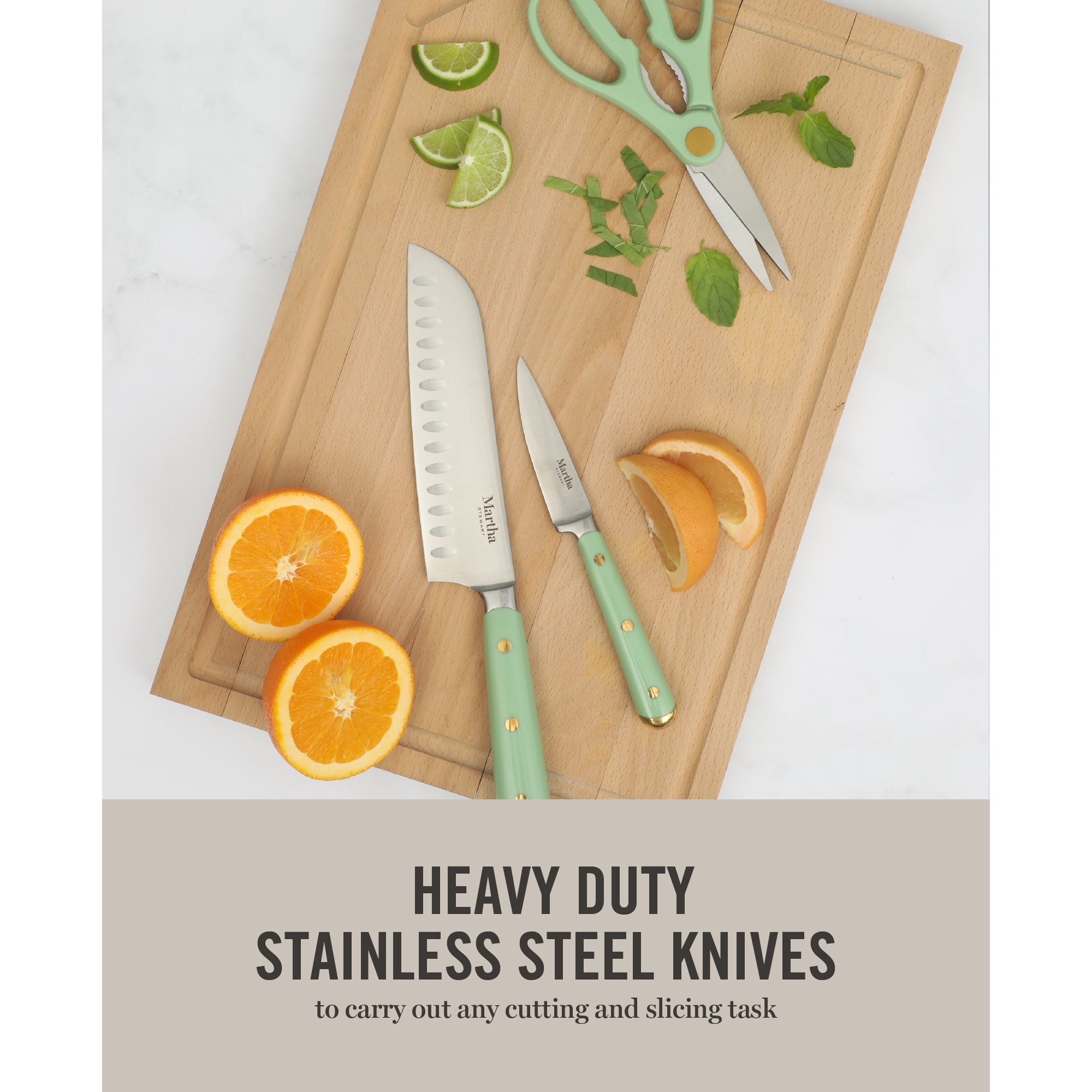 Martha Stewart 16 Piece Lockton High Carbob Stainless Steel Cutlery Kitchen Knife Block Set W/ ABS Tripe Riveted Forged Handle Acacia Wood Block