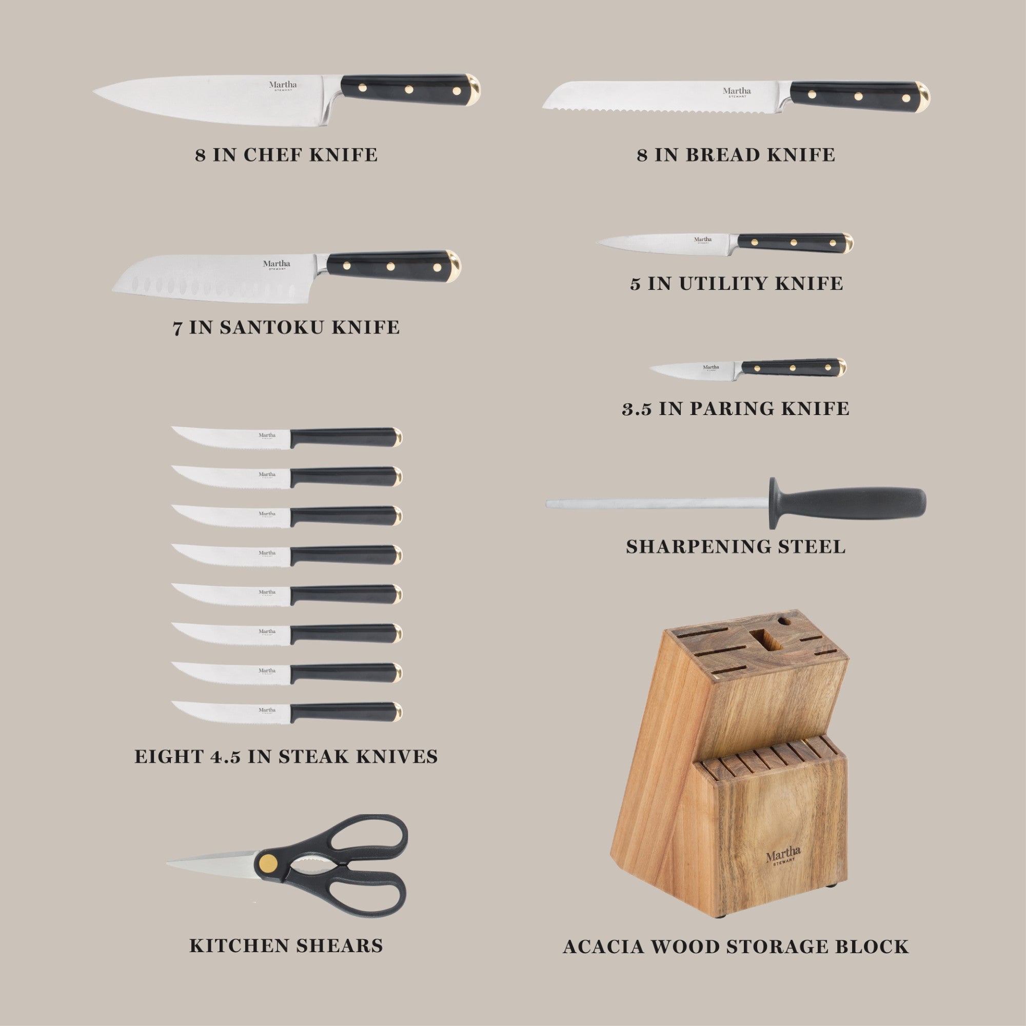Martha Stewart 16 Piece Lockton High Carbob Stainless Steel Cutlery Kitchen Knife Block Set W/ ABS Tripe Riveted Forged Handle Acacia Wood Block
