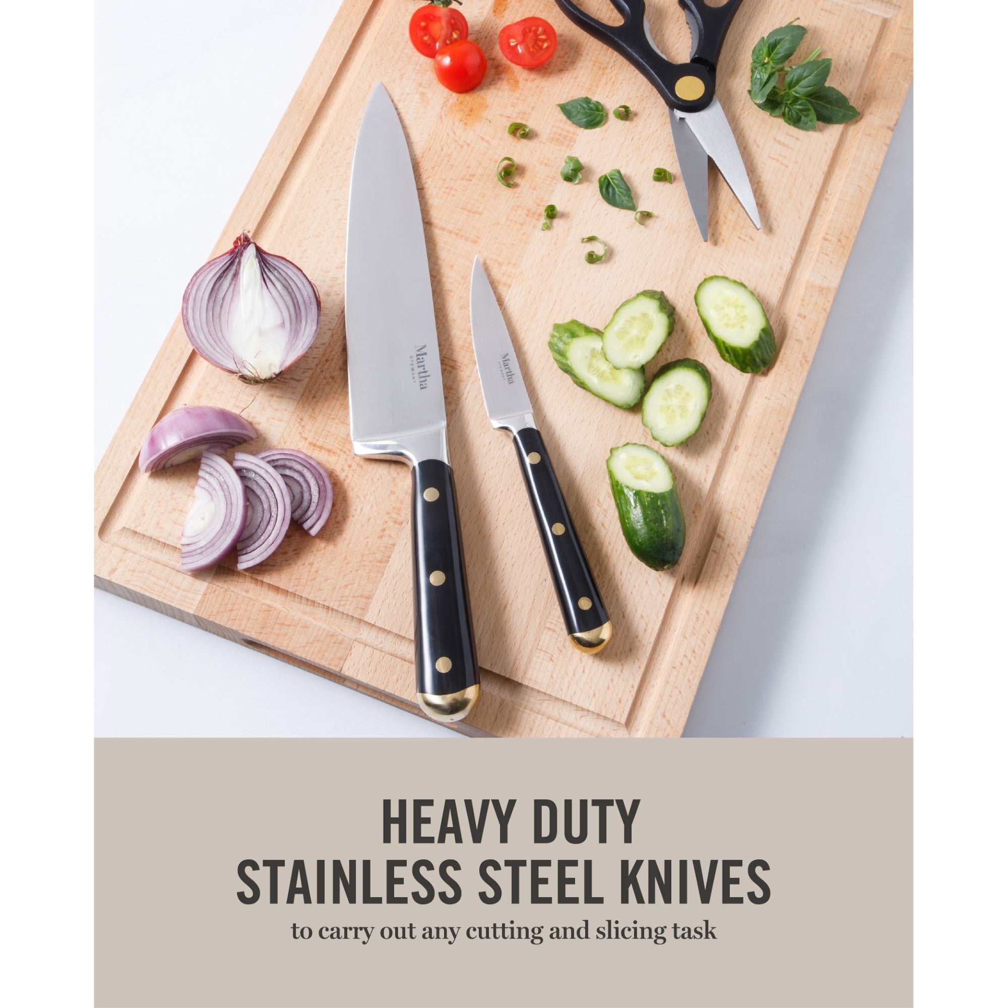 Martha Stewart 16 Piece Lockton High Carbob Stainless Steel Cutlery Kitchen Knife Block Set W/ ABS Tripe Riveted Forged Handle Acacia Wood Block