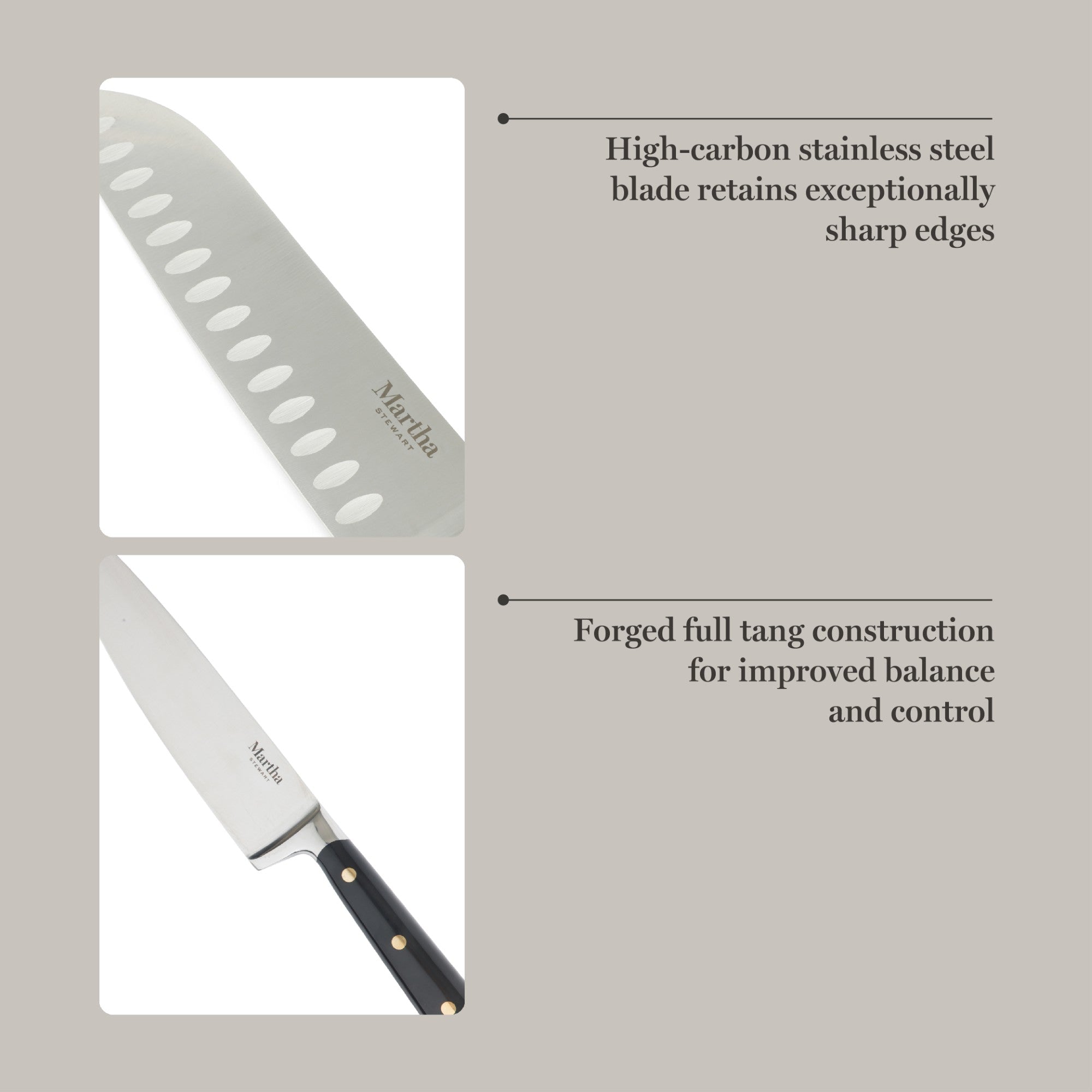 Martha Stewart 16 Piece Lockton High Carbob Stainless Steel Cutlery Kitchen Knife Block Set W/ ABS Tripe Riveted Forged Handle Acacia Wood Block
