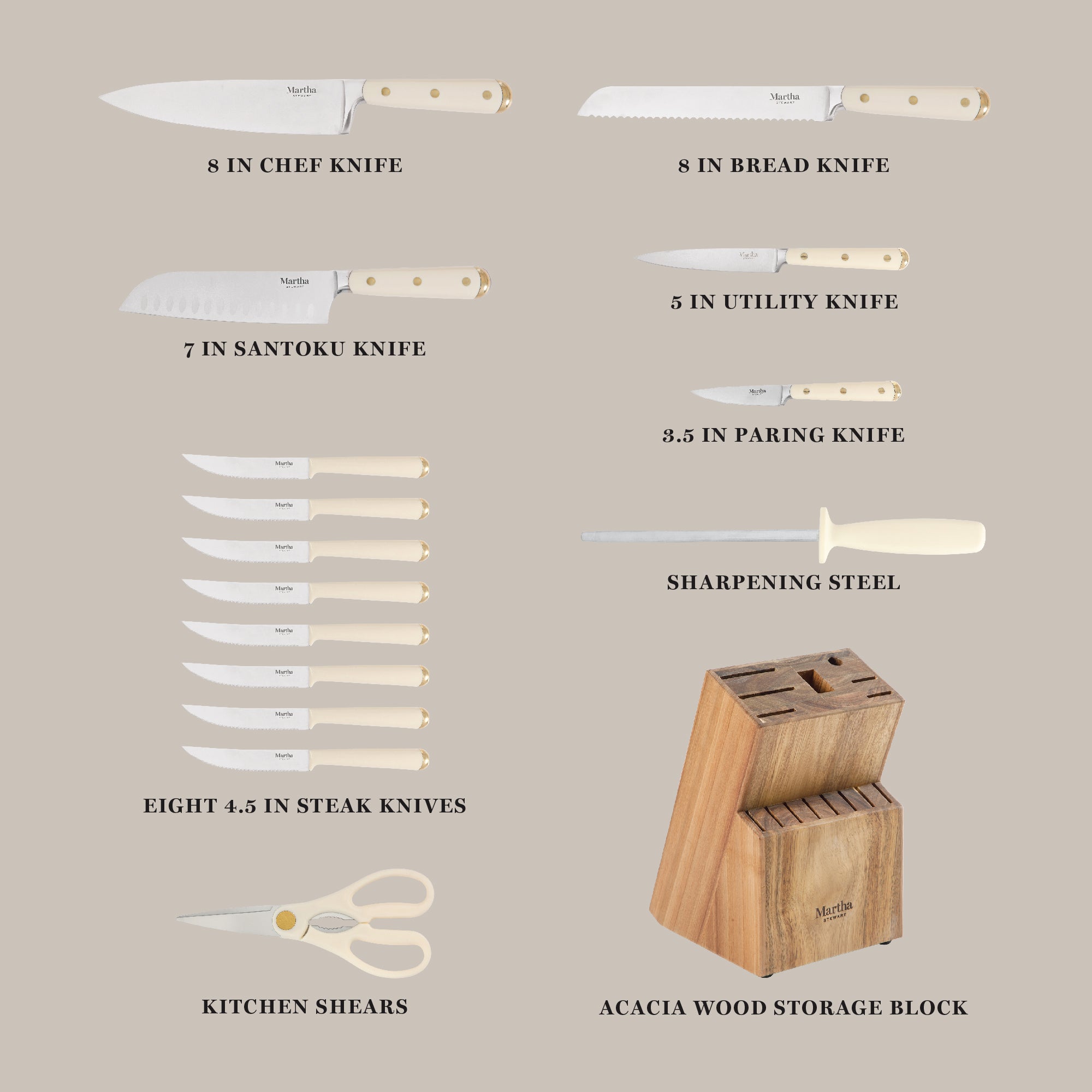 Martha Stewart 16 Piece Lockton High Carbob Stainless Steel Cutlery Kitchen Knife Block Set W/ ABS Tripe Riveted Forged Handle Acacia Wood Block