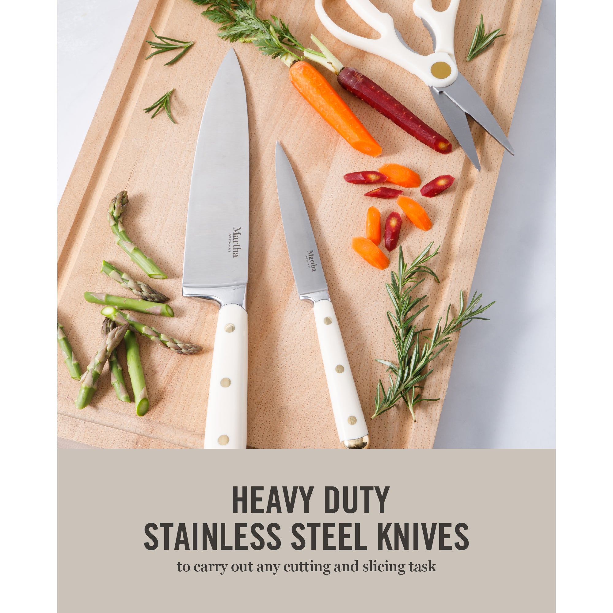 Martha Stewart 16 Piece Lockton High Carbob Stainless Steel Cutlery Kitchen Knife Block Set W/ ABS Tripe Riveted Forged Handle Acacia Wood Block