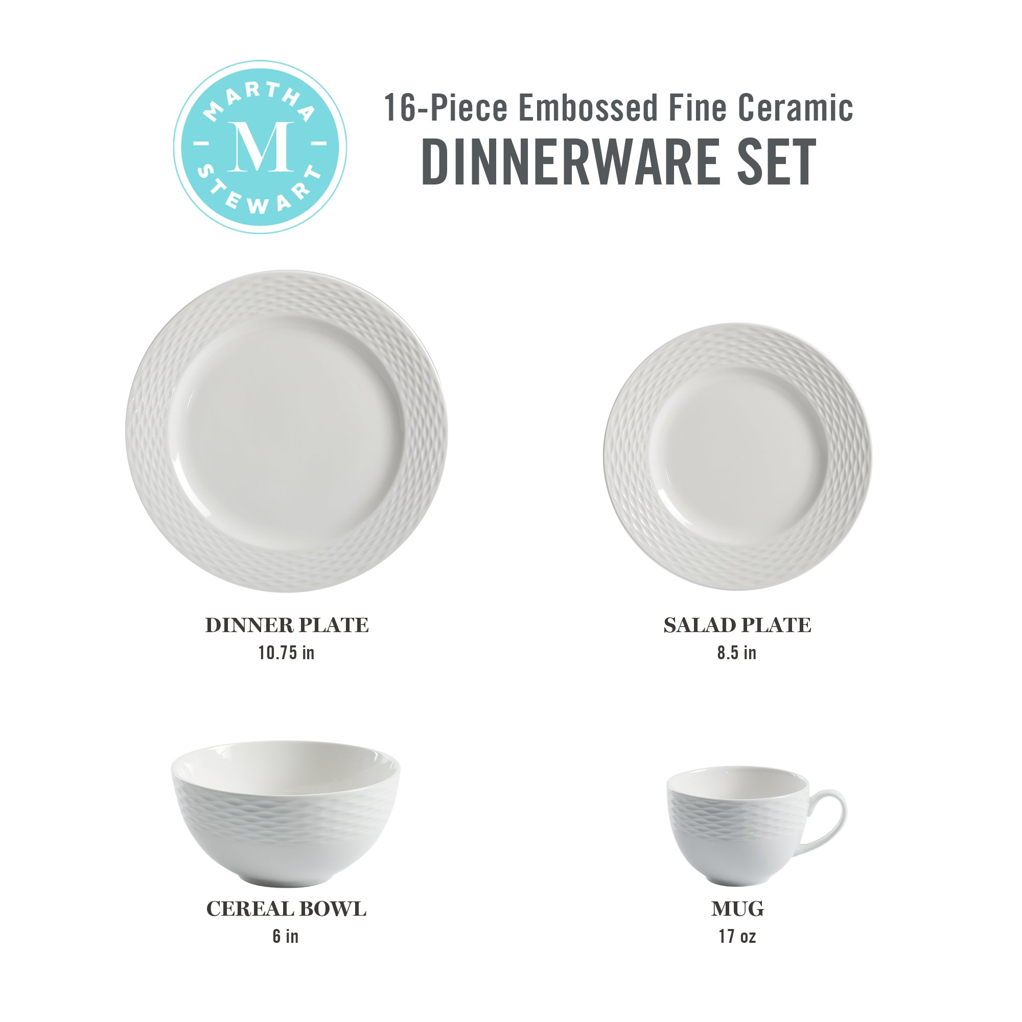 Martha Stewart Maepoole Porcelain Embossed 16-Piece Dinnerware Set